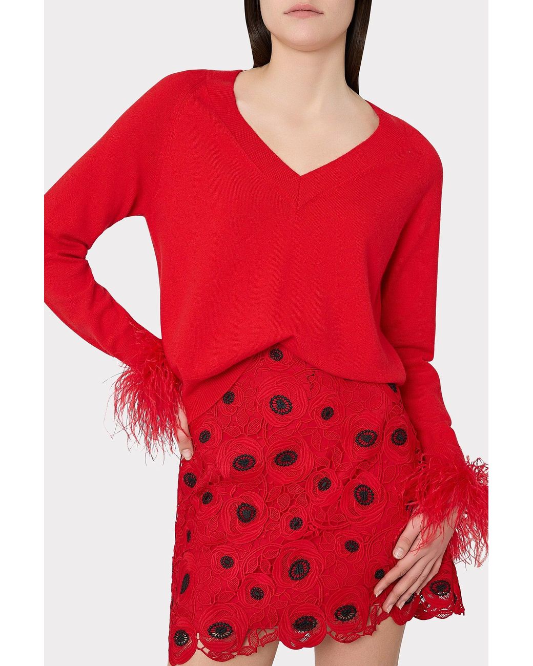 MILLY Red Feather Cuff V-neck Sweater