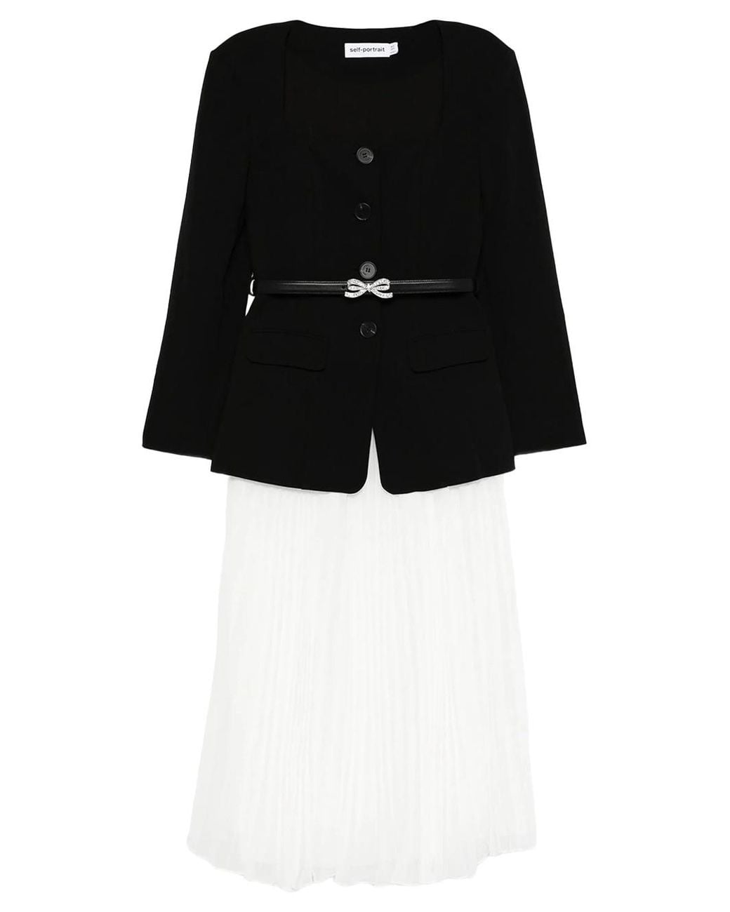 Self-Portrait Black Long Sleeve Contrast Chiffon Midi Dress