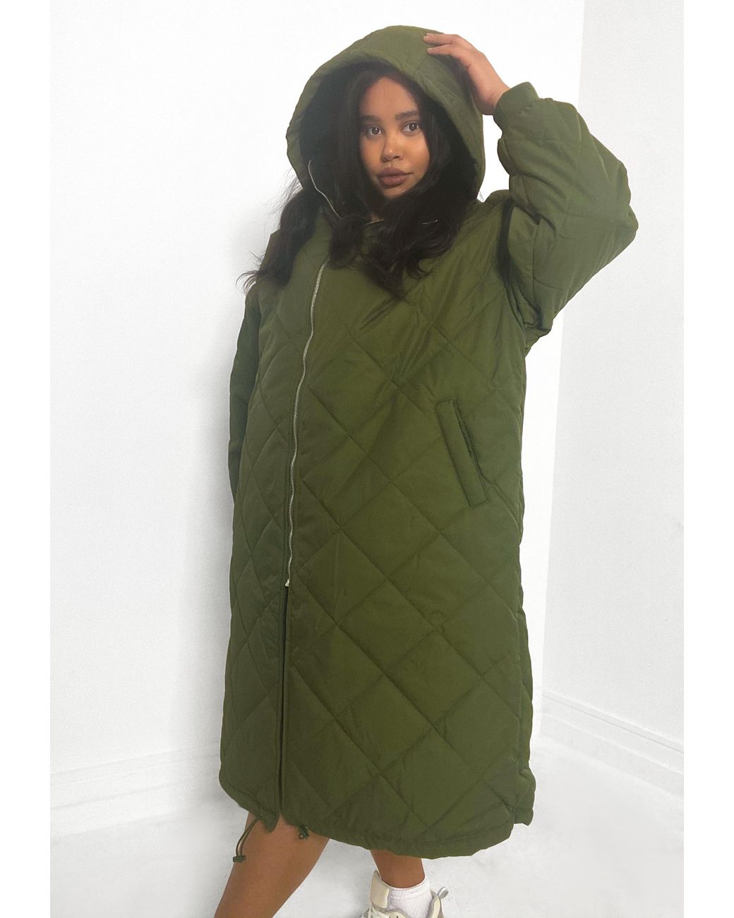 missguided diamond quilted hooded coat in khaki