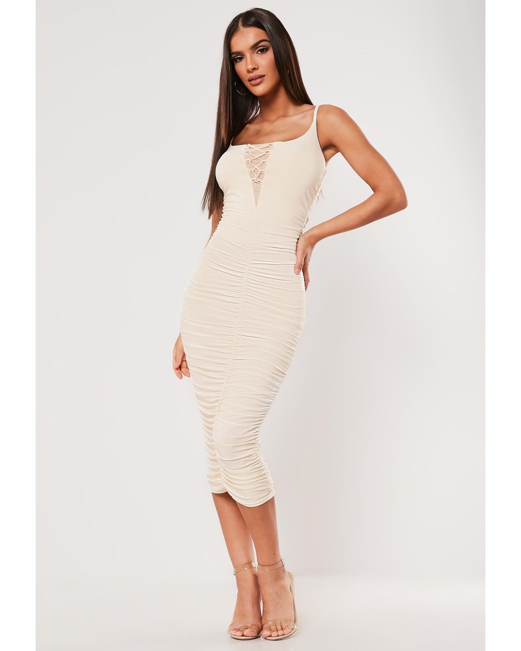 ruched slinky midi dress