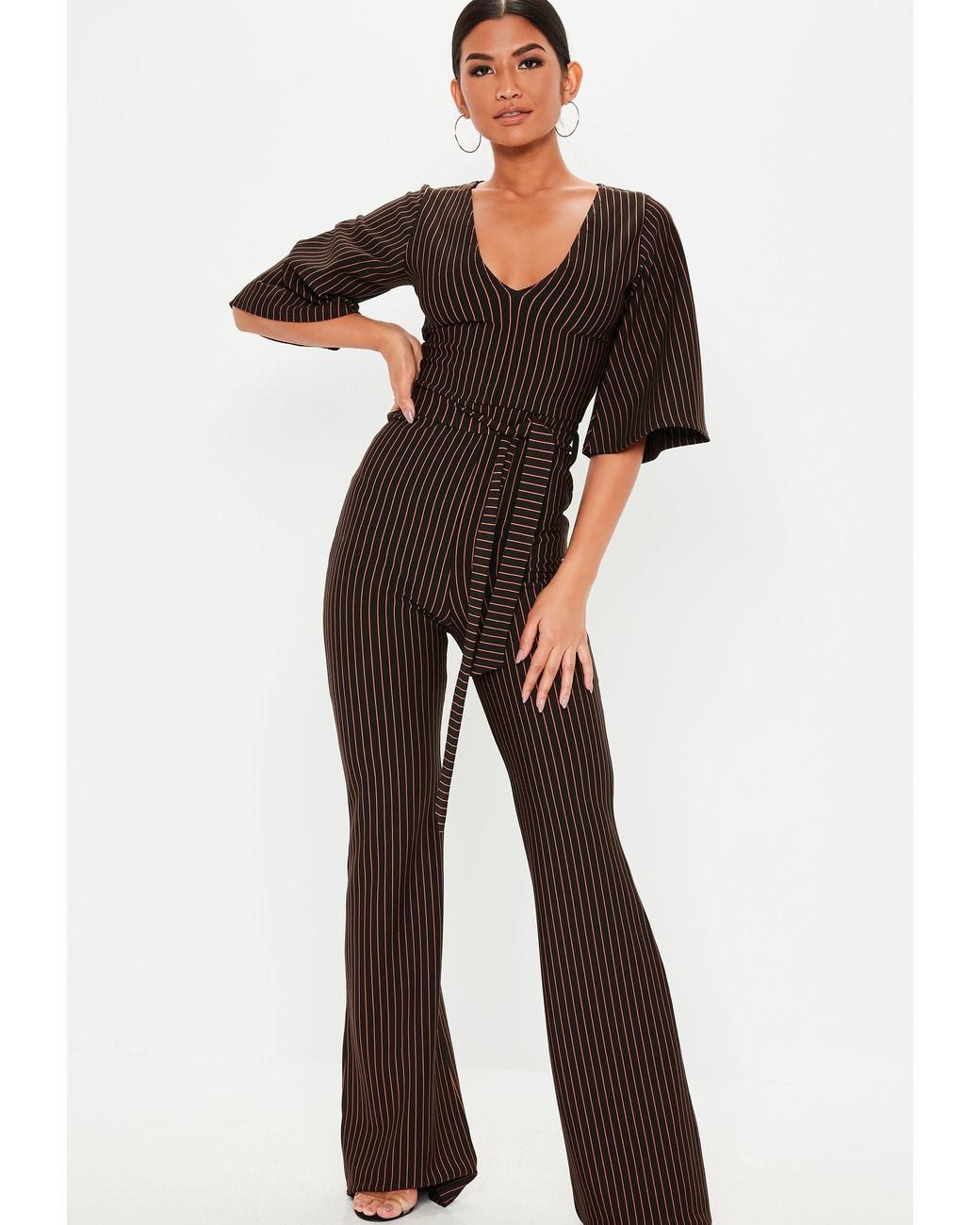 Women Mauve Black Calf Long Peg Leg Straight Pants Plunge Mesh Sleeve Jumpsuit