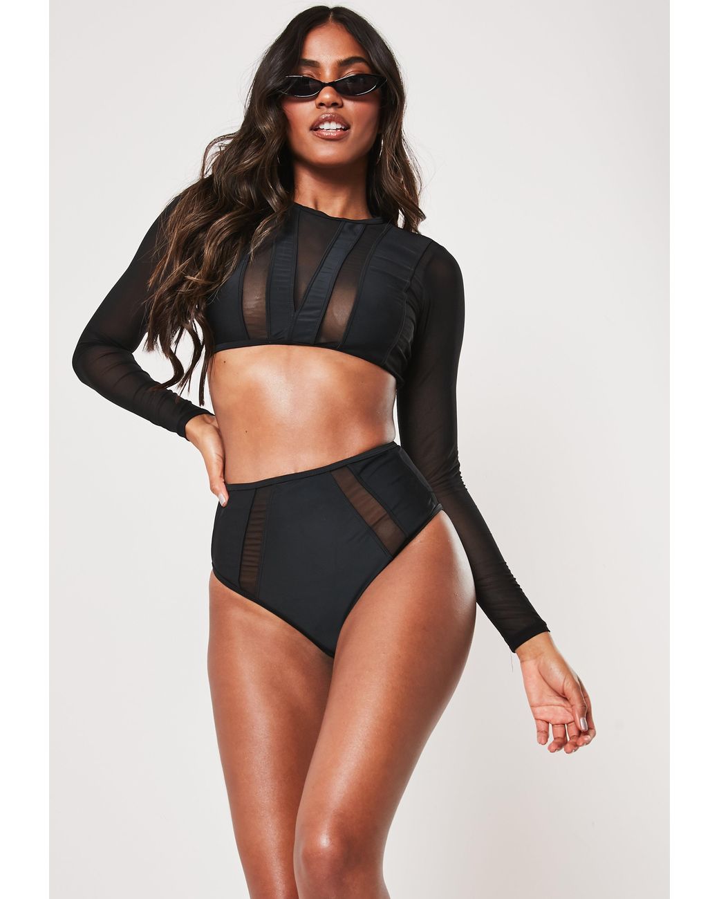 Missguided Synthetic Black Mesh Insert Long Sleeve High Waist Bikini