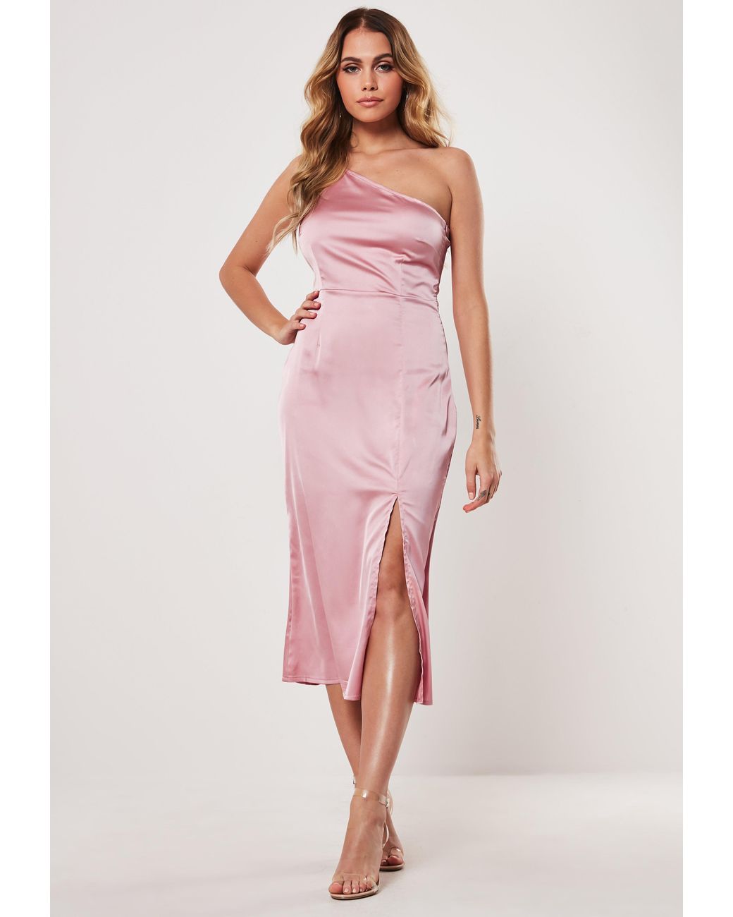 pink satin one shoulder dress