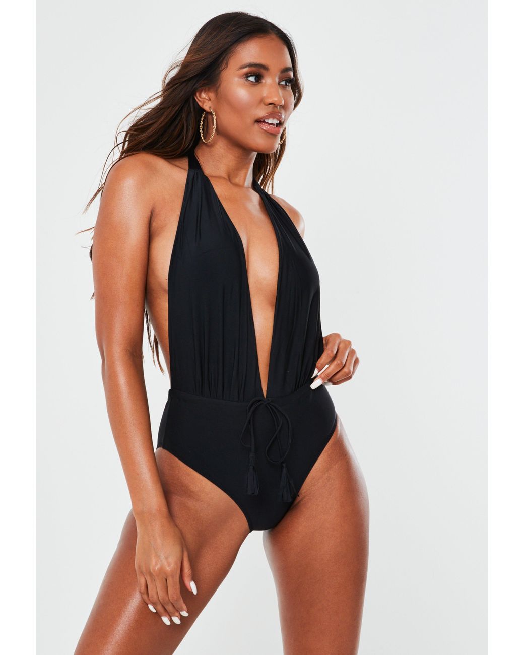 halter neck black swimsuit