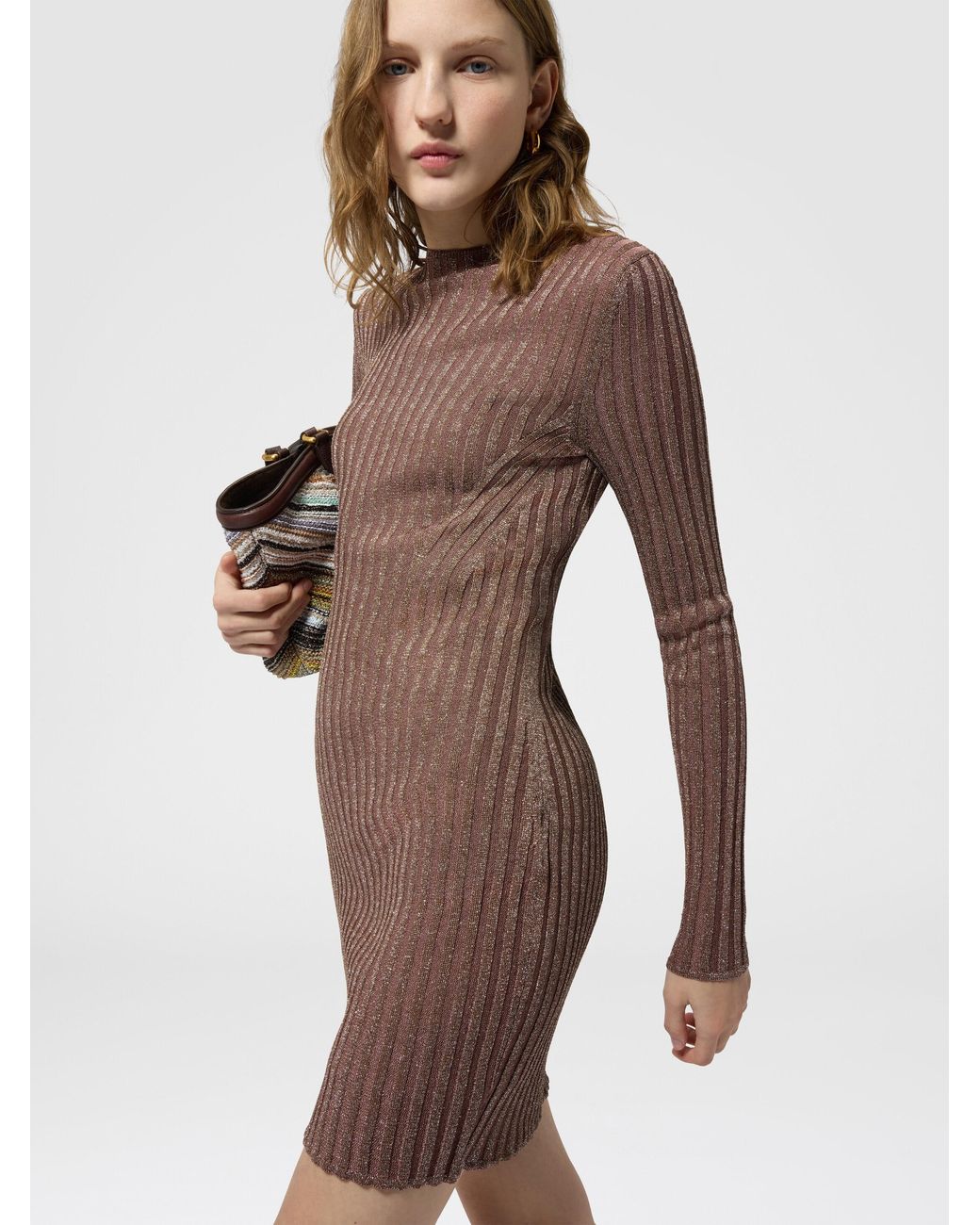 Missoni Brown Ribbed Viscose Lamé Mini Dress