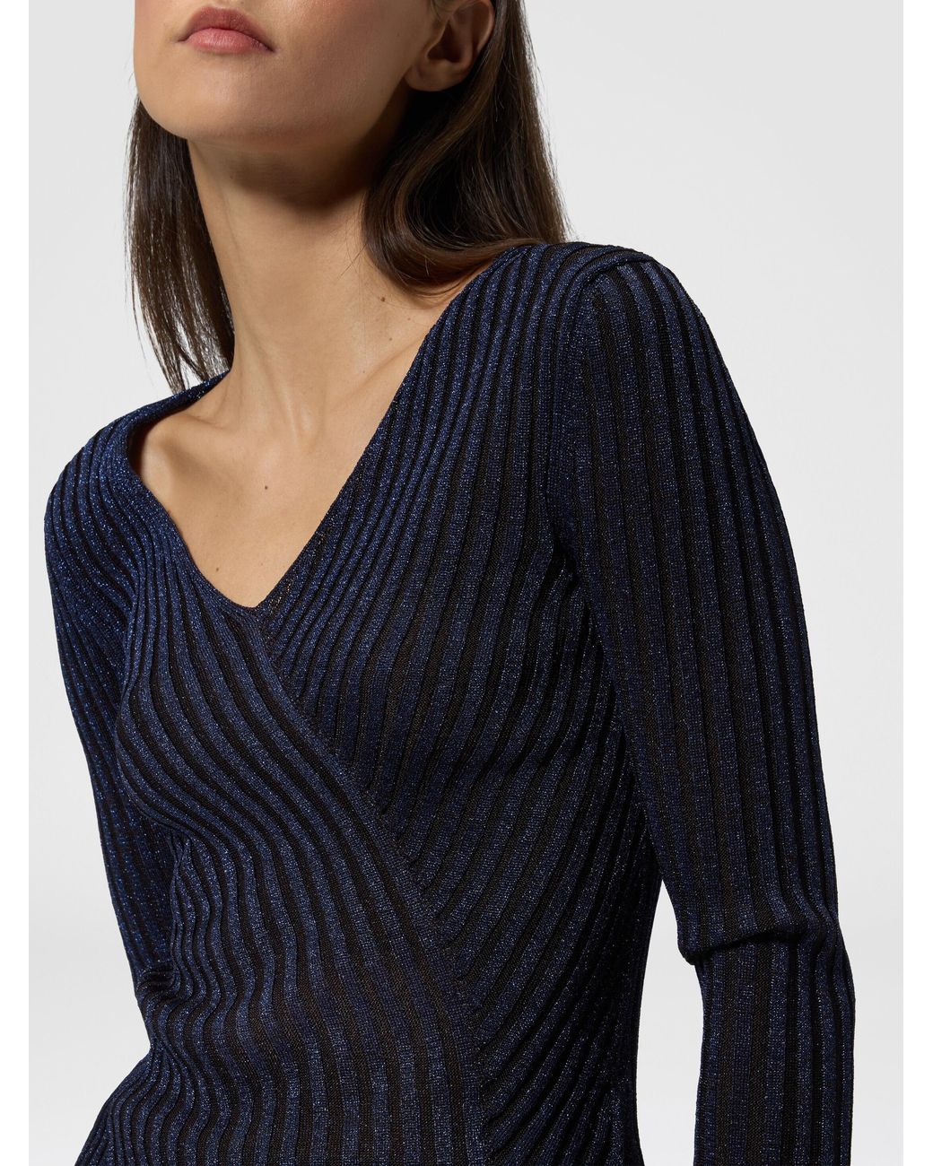 Missoni Blue Ribbed Viscose Lamé V-Neck Sweater