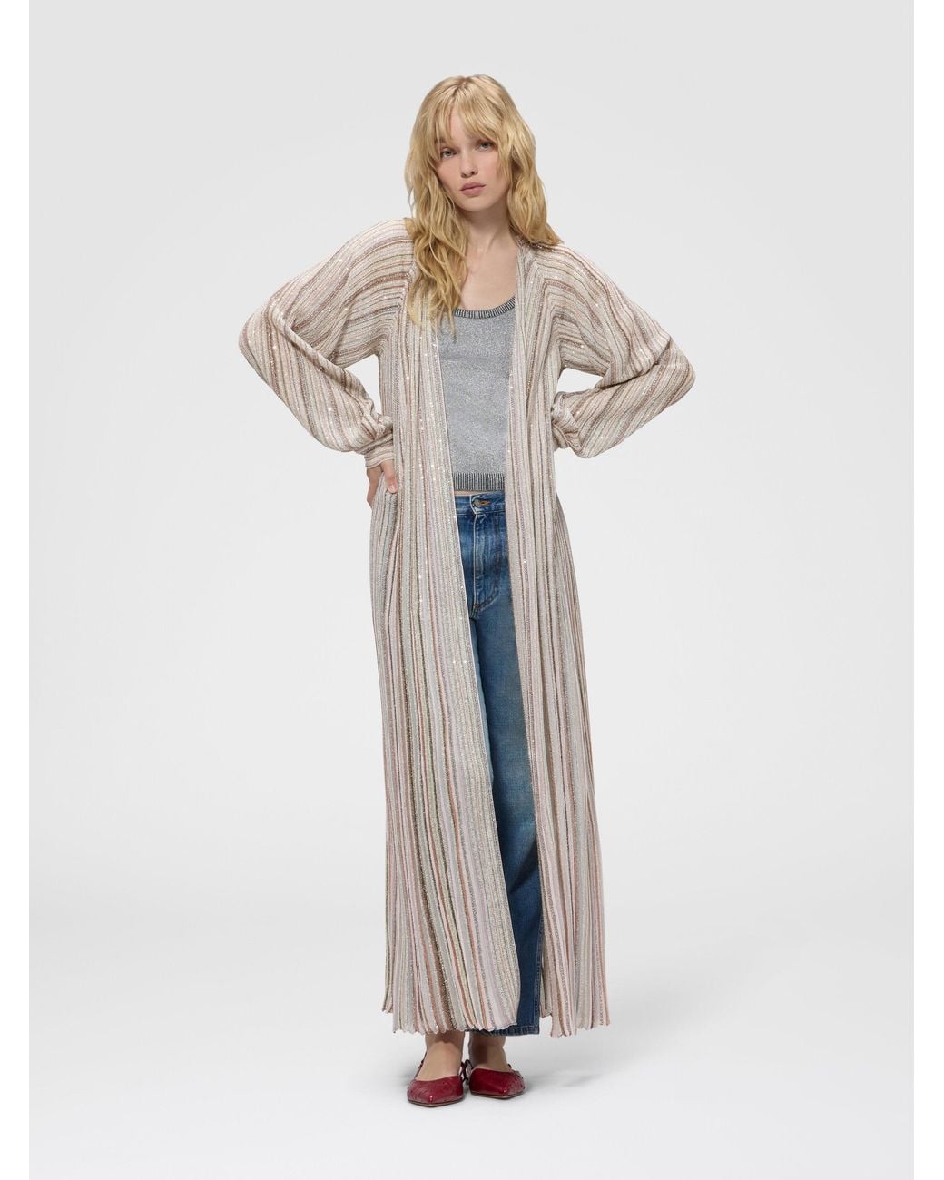 Missoni Natural Long Ribbed Cardigan With Belt And Sequins