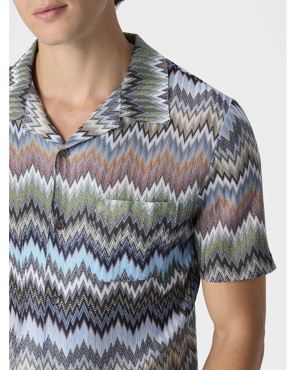 Missoni Blue Short-Sleeved Viscose Chevron Shirt With Snake Pattern for men