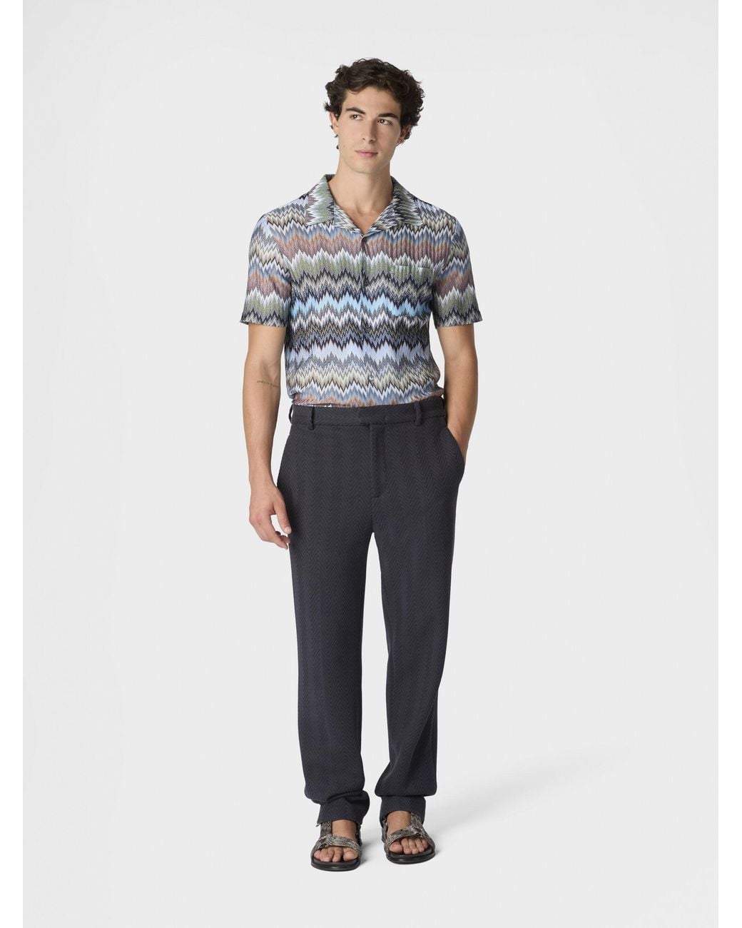 Missoni Blue Short-Sleeved Viscose Chevron Shirt With Snake Pattern for men