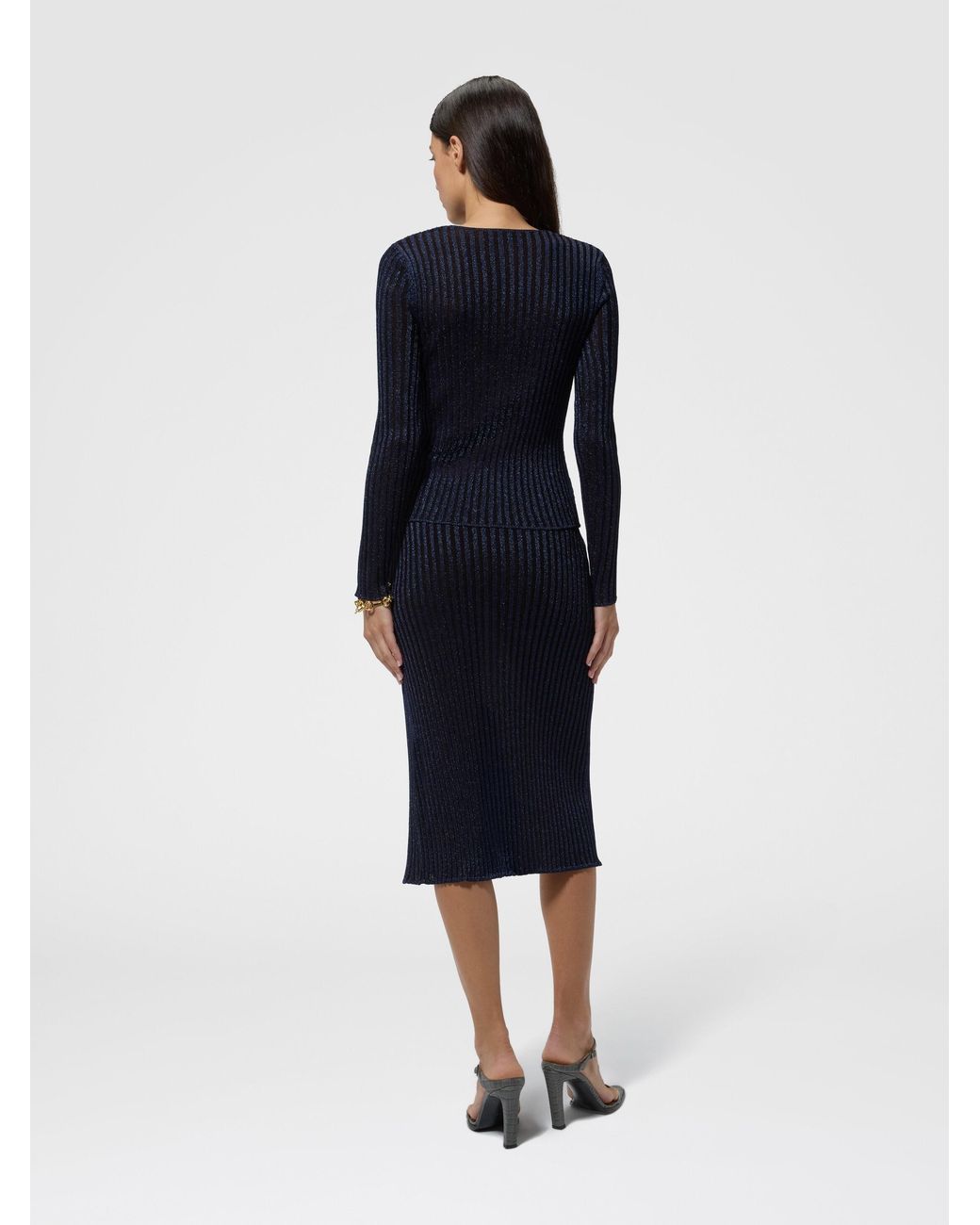 Missoni Blue Ribbed Viscose Lamé V-Neck Sweater