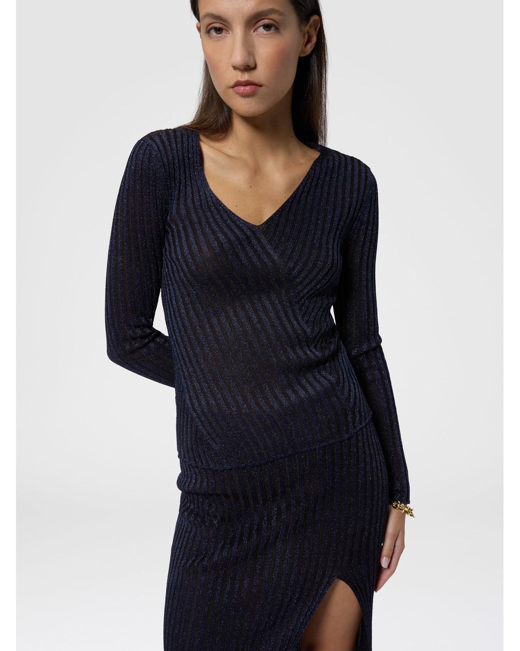 Missoni Blue Ribbed Viscose Lamé V-Neck Sweater