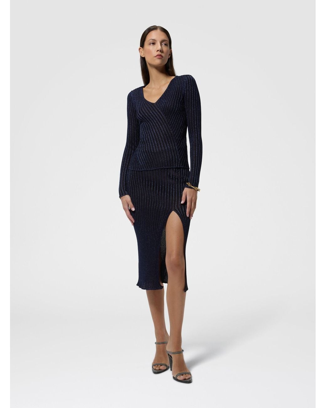 Missoni Blue Ribbed Viscose Lamé V-Neck Sweater