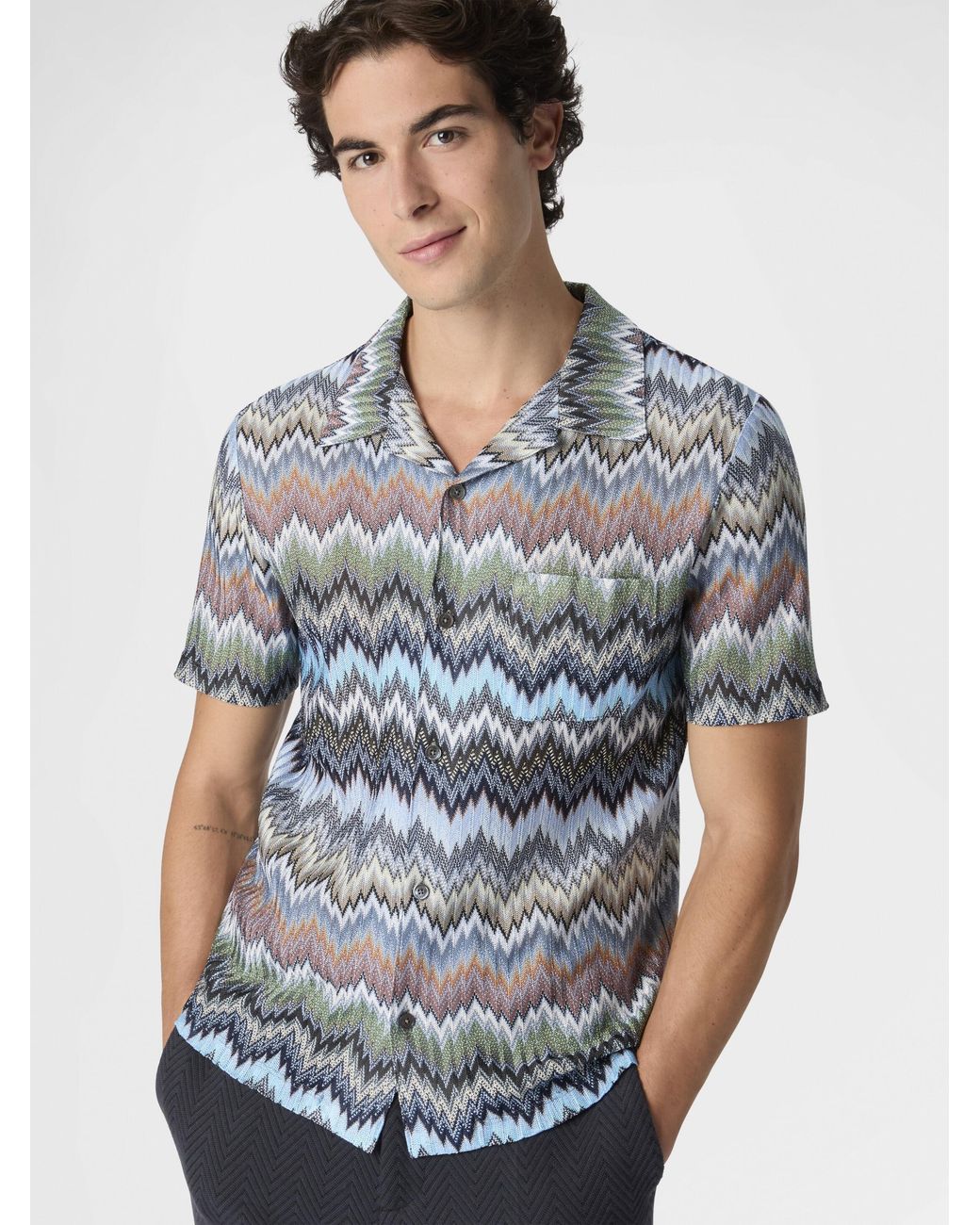 Missoni Blue Short-Sleeved Viscose Chevron Shirt With Snake Pattern for men
