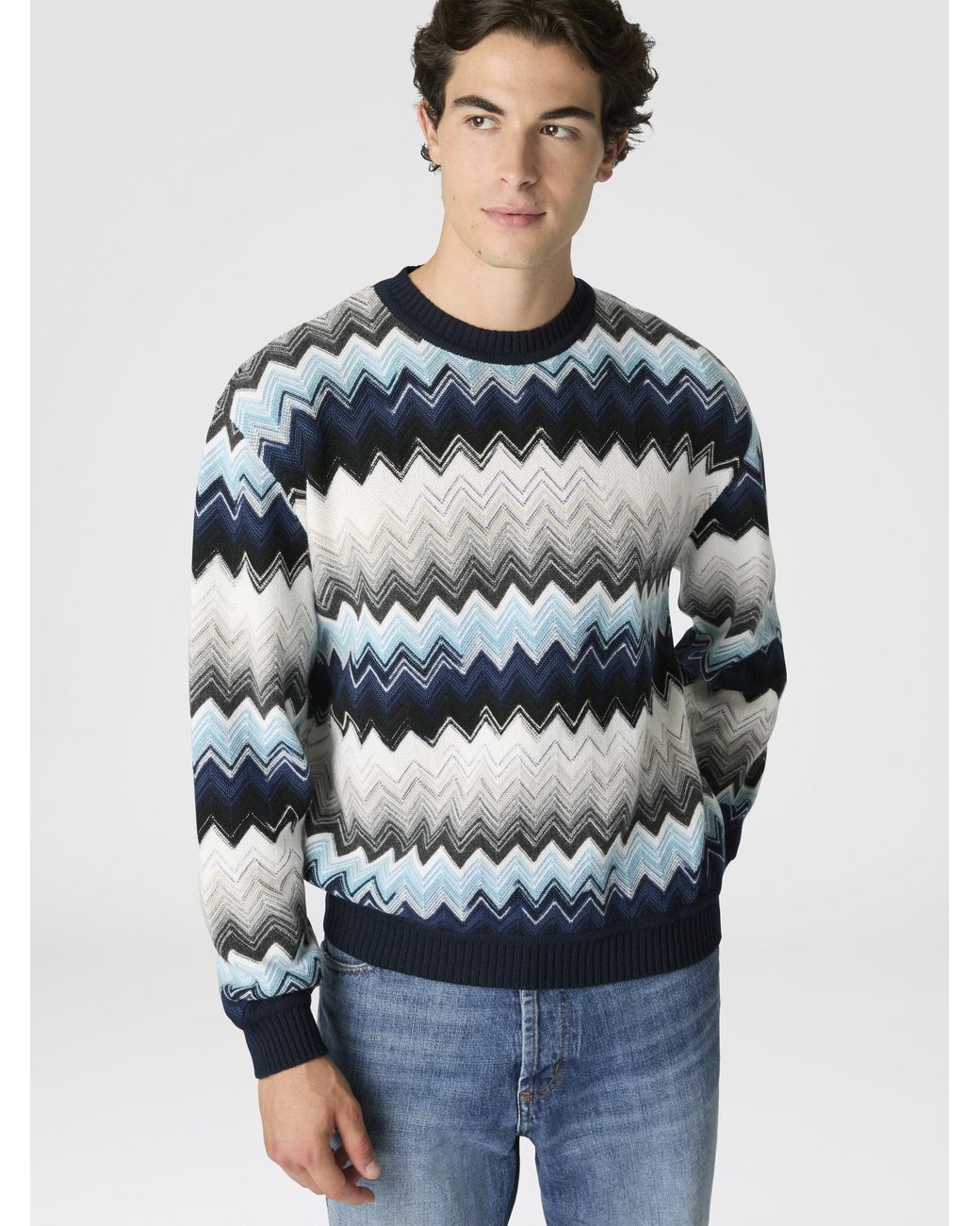 Missoni Blue Crew Neck Sweater With Flame Zigzag Pattern for men