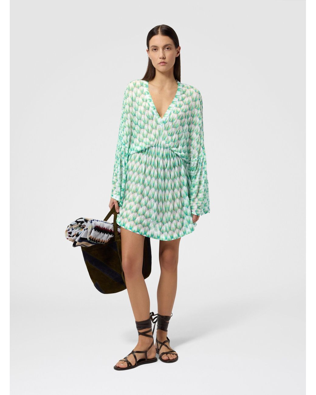 Missoni Green Kurze Strandtunika Aus Viskose Mit Blumenmuster, Damen, Größe