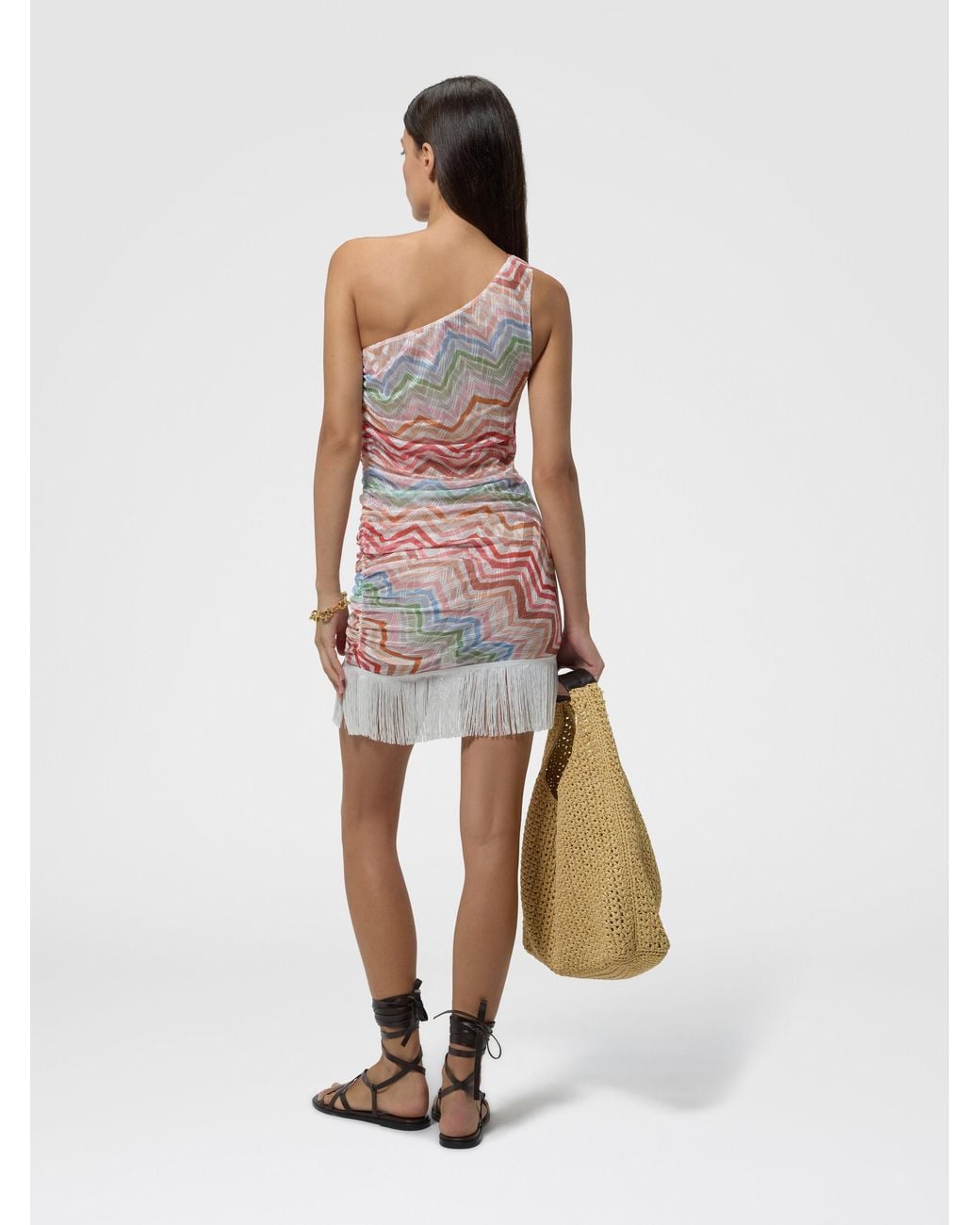 Missoni White One-Shoulder Short Cover-Up With Zig Zag Print