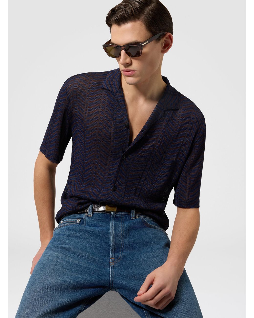 Missoni Blue Viscose Knit Bowling Shirt With Greek Key Motif for men