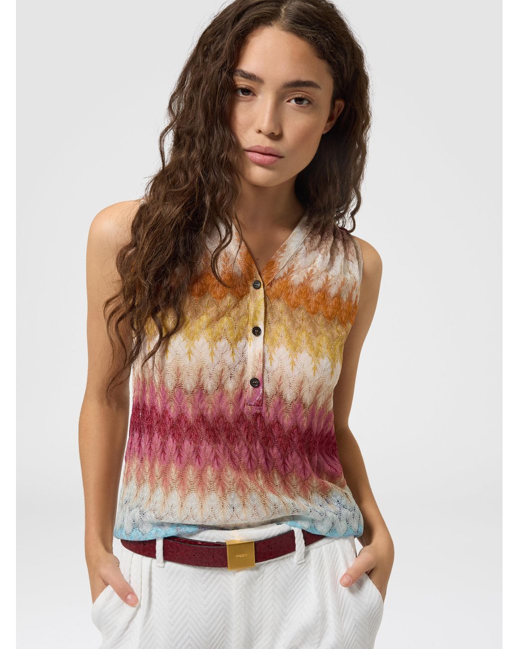 Missoni White Sleeveless Viscose Lamé Blouse With Lace Motif