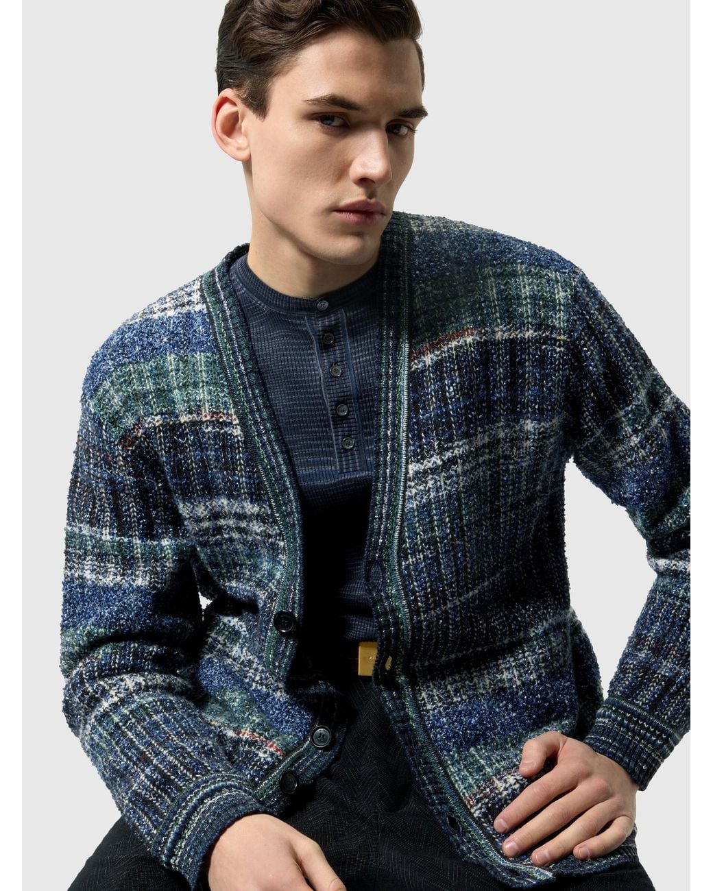 Missoni Blue Wool-Blend Check Cardigan With Side Pockets for men