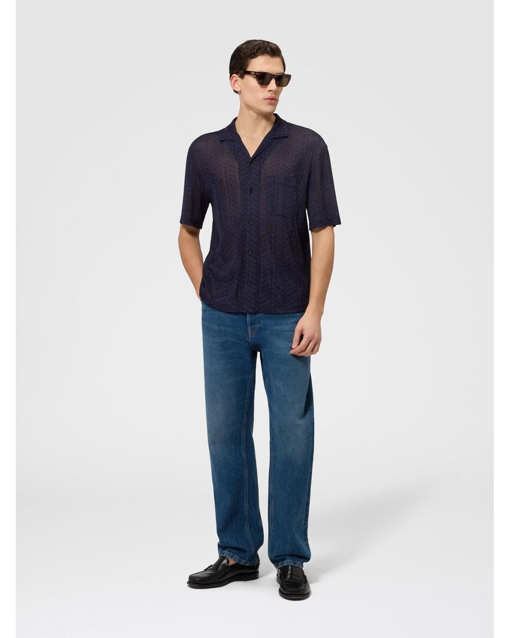 Missoni Blue Viscose Knit Bowling Shirt With Greek Key Motif for men