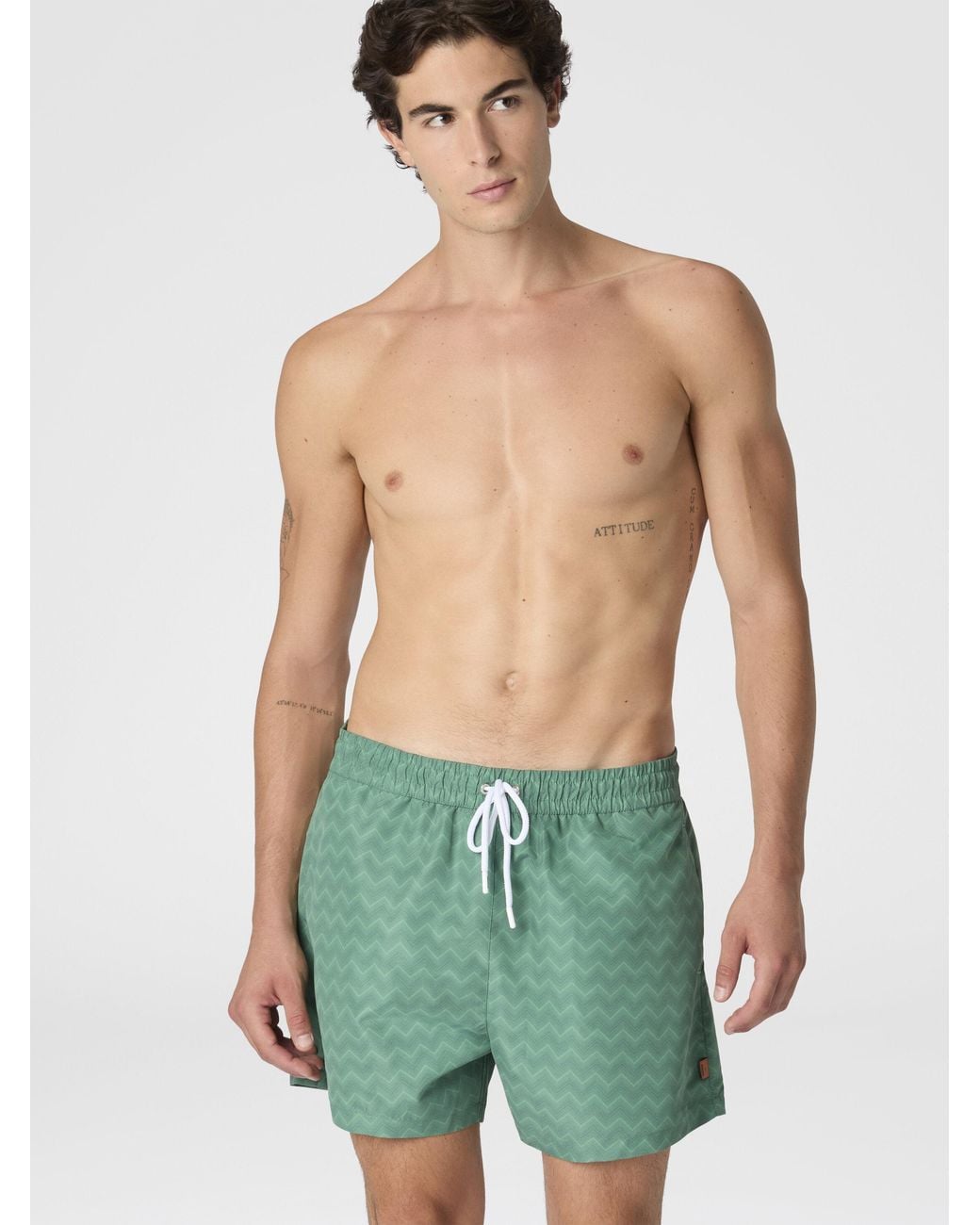 Missoni Green Mid-Length Swim Shorts With Tone-On-Tone Zigzag Print for men