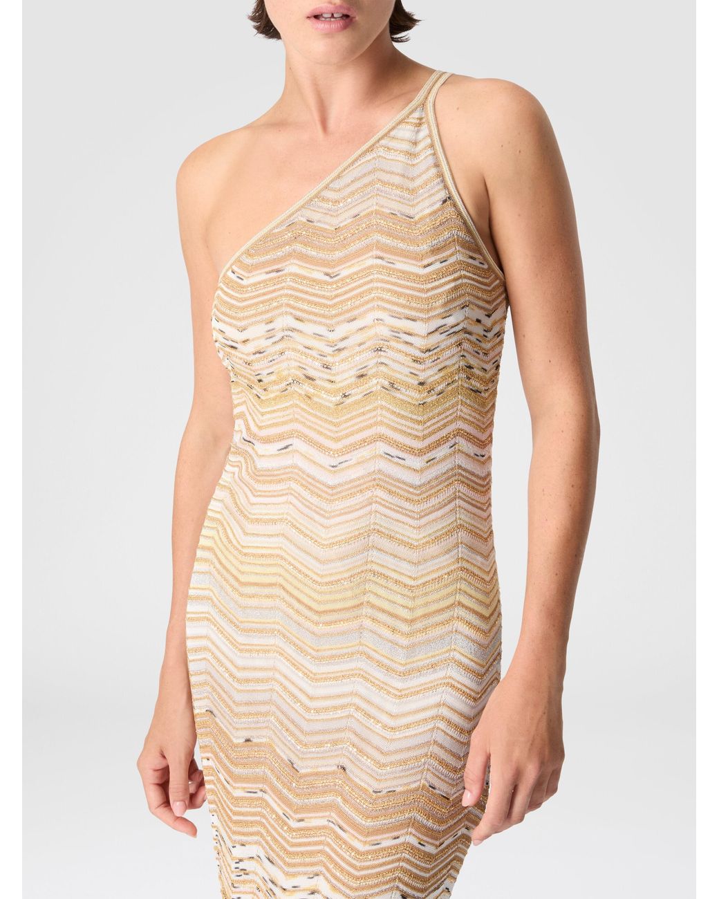 gold and white chevron dress Missoni Metallic One-Shoulder Maxi in category:clothing