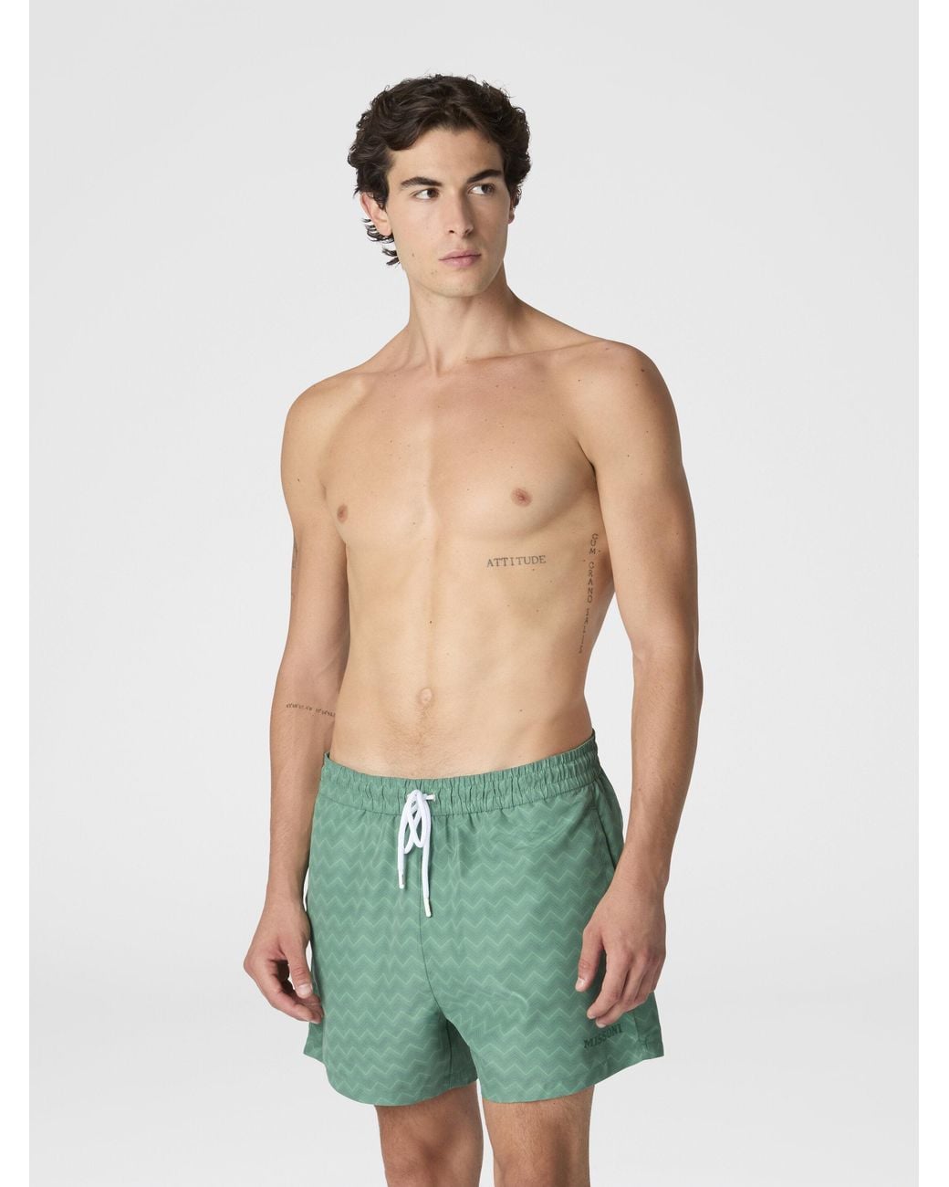 Missoni Green Mid-Length Swim Shorts With Tone-On-Tone Zigzag Print for men