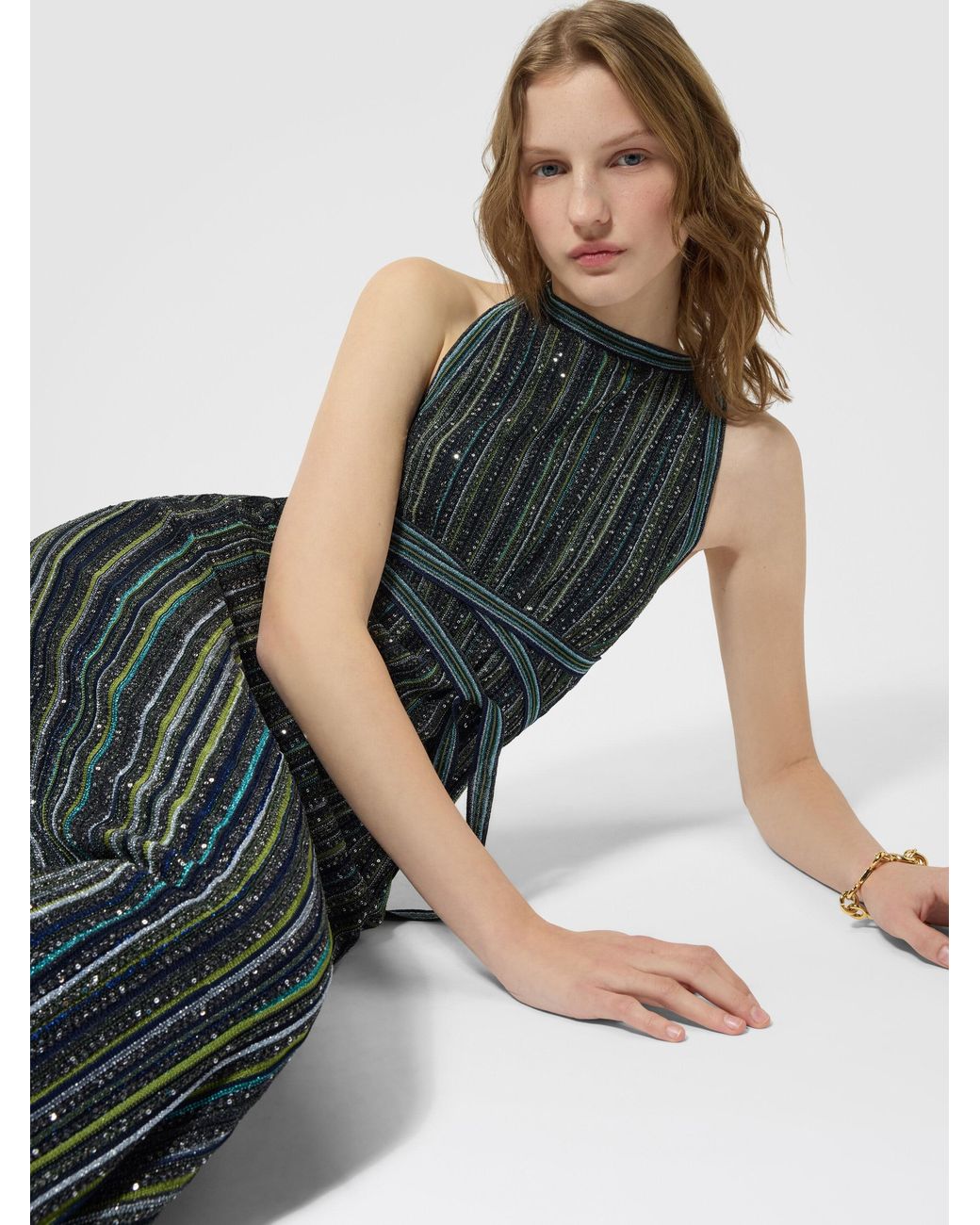 Missoni White Long Striped Knit Dress With Sequins