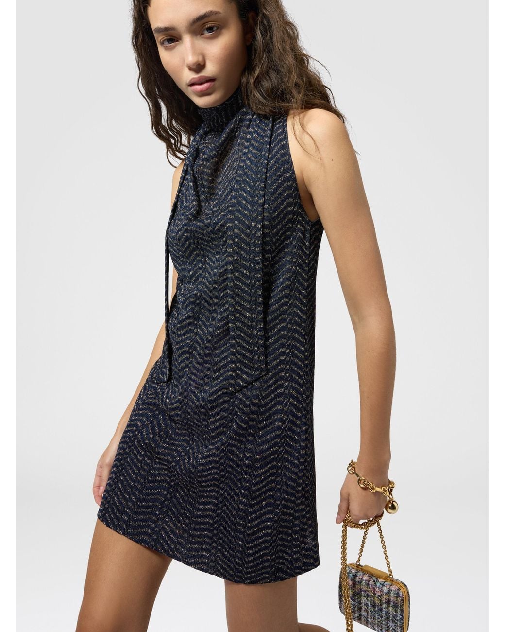 Missoni Blue Sleeveless Mini Dress With Scarf Collar