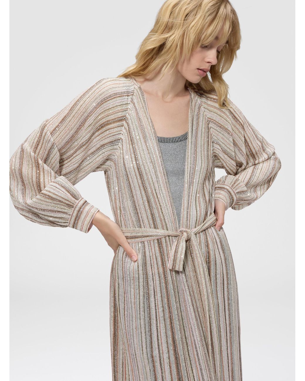 Missoni Natural Long Ribbed Cardigan With Belt And Sequins