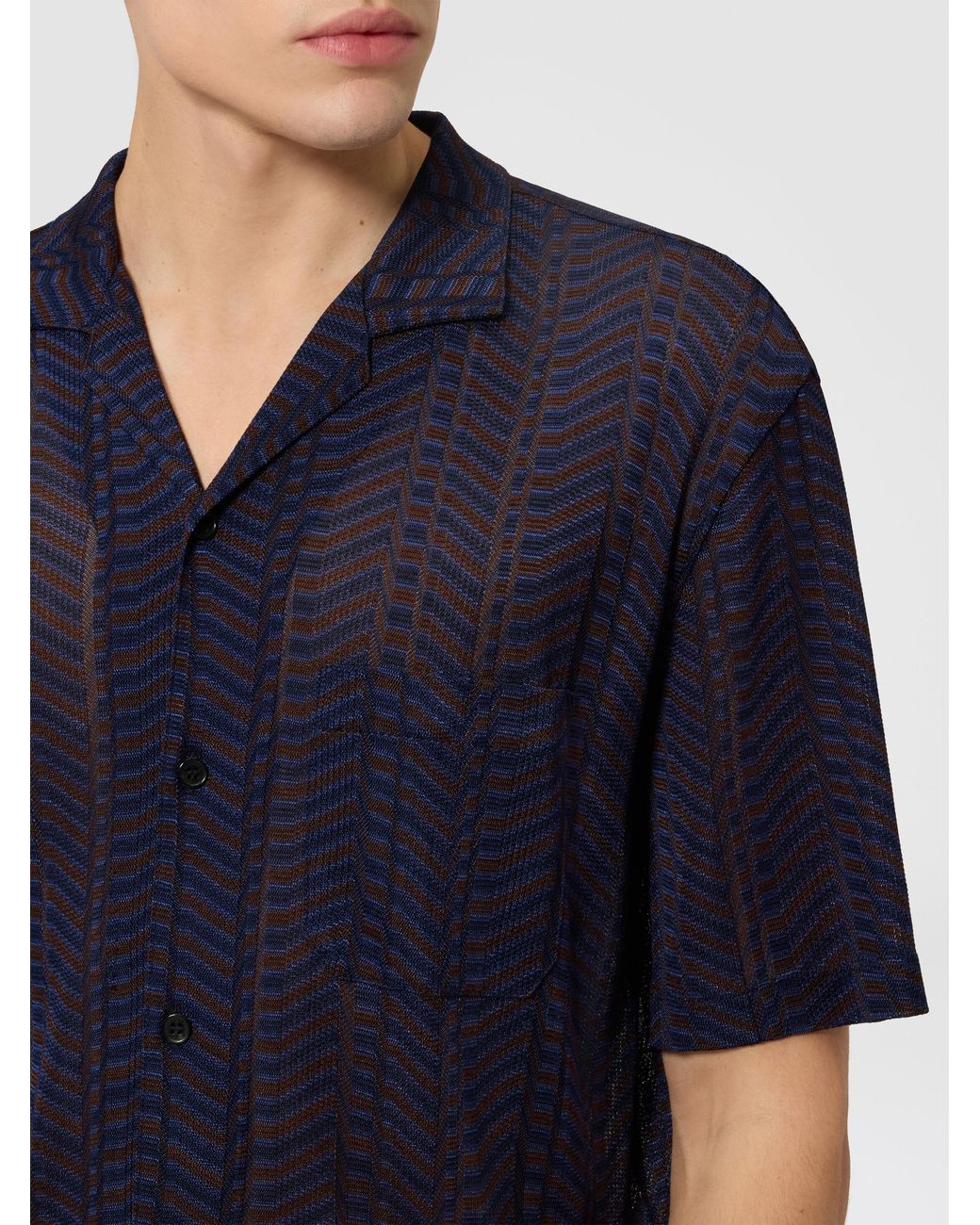 Missoni Blue Viscose Knit Bowling Shirt With Greek Key Motif for men