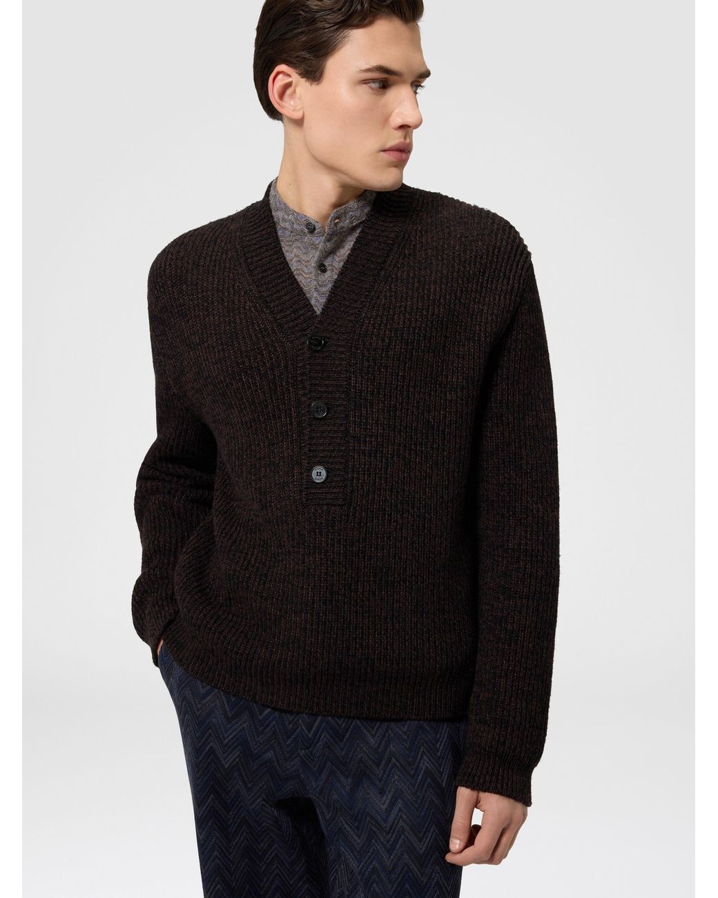 Missoni Black Wool And Viscose Mélange V-Neck Pullover for men