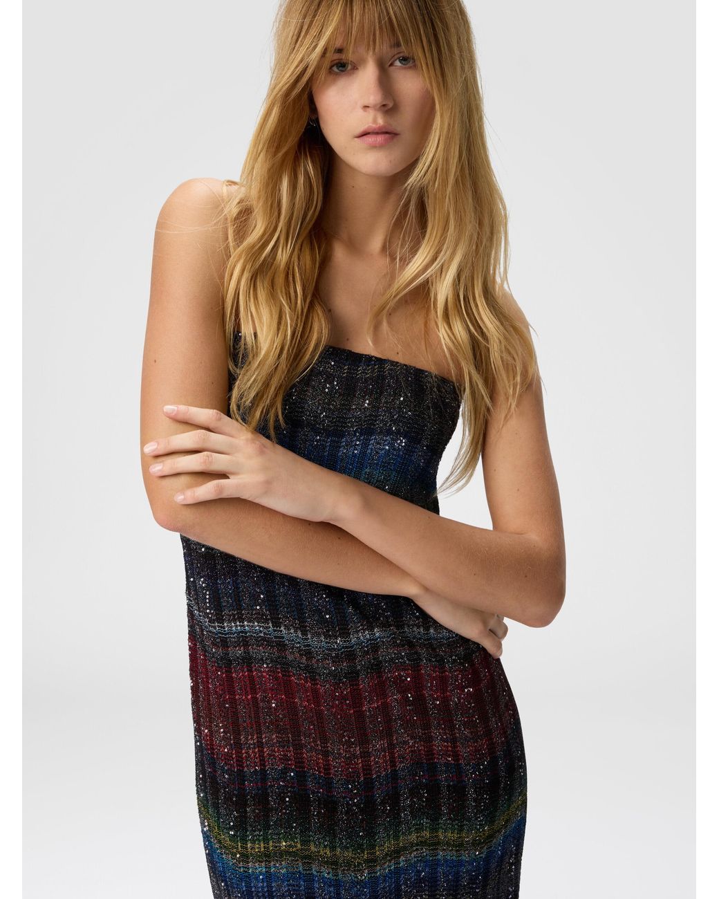 Missoni Blue Long Strapless Dress With Wave Check Pattern