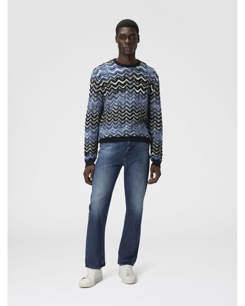 Missoni Blue Crew Neck Sweater With Geometric Zigzag Pattern for men