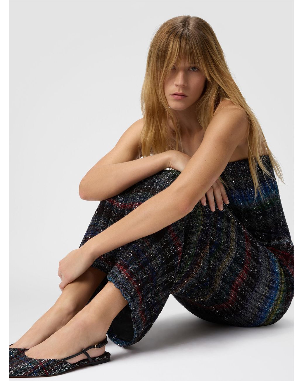 Missoni Blue Long Strapless Dress With Wave Check Pattern