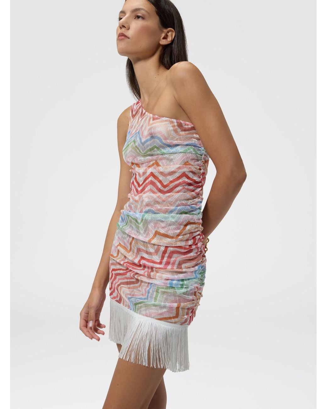 Missoni White One-Shoulder Short Cover-Up With Zig Zag Print
