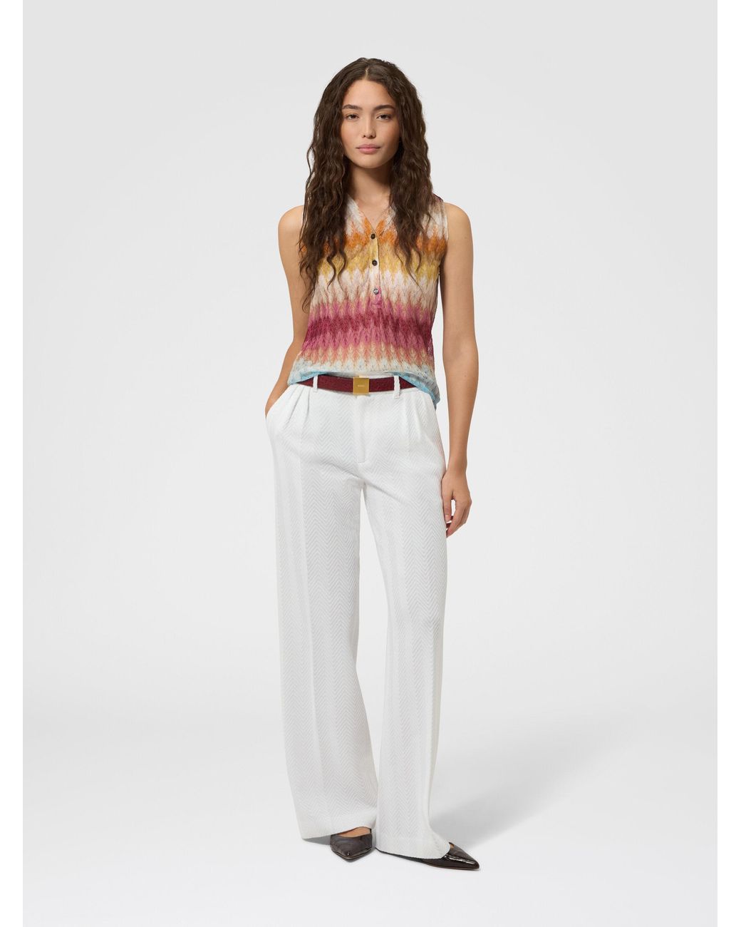 Missoni White Sleeveless Viscose Lamé Blouse With Lace Motif