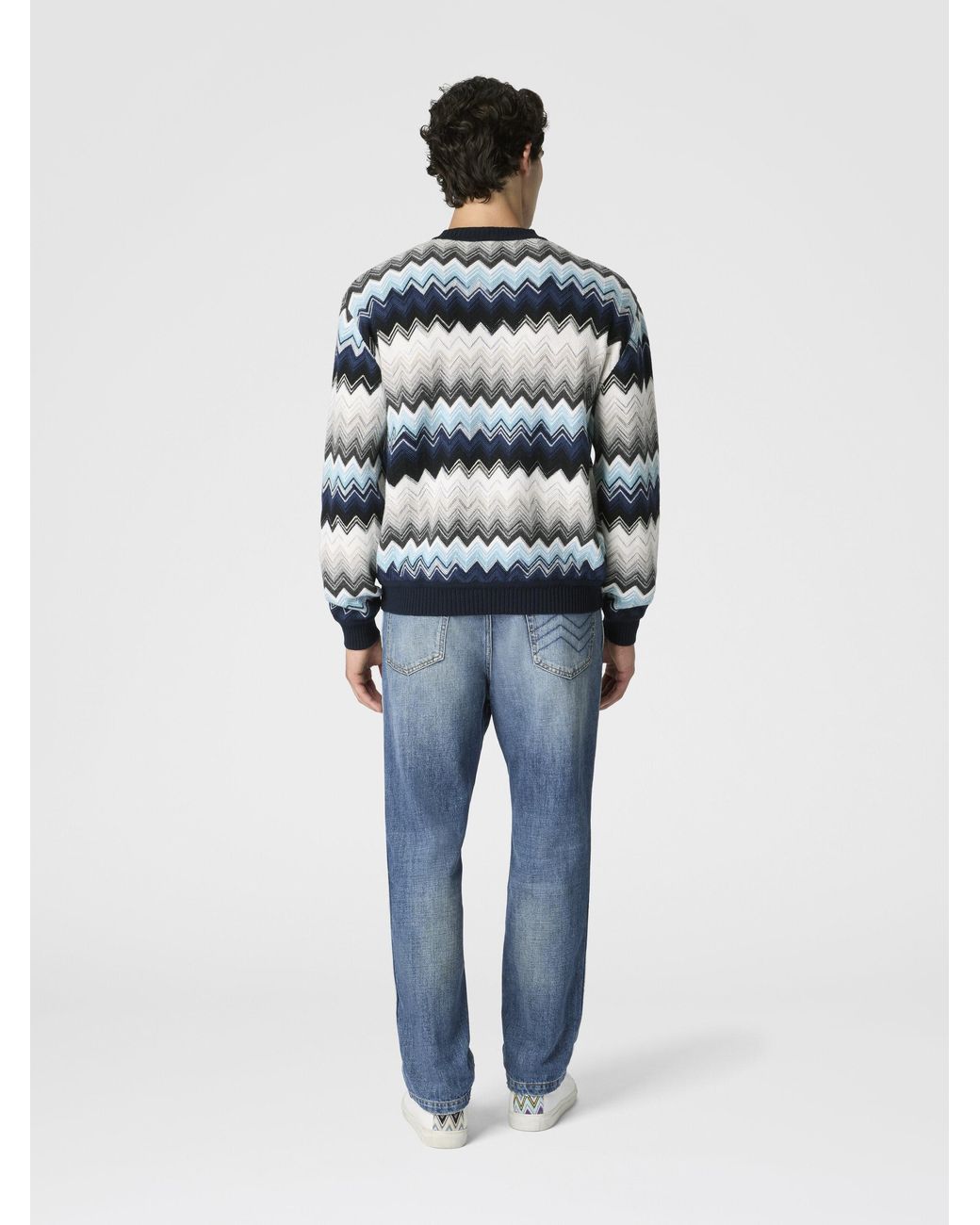 Missoni Blue Crew Neck Sweater With Flame Zigzag Pattern for men
