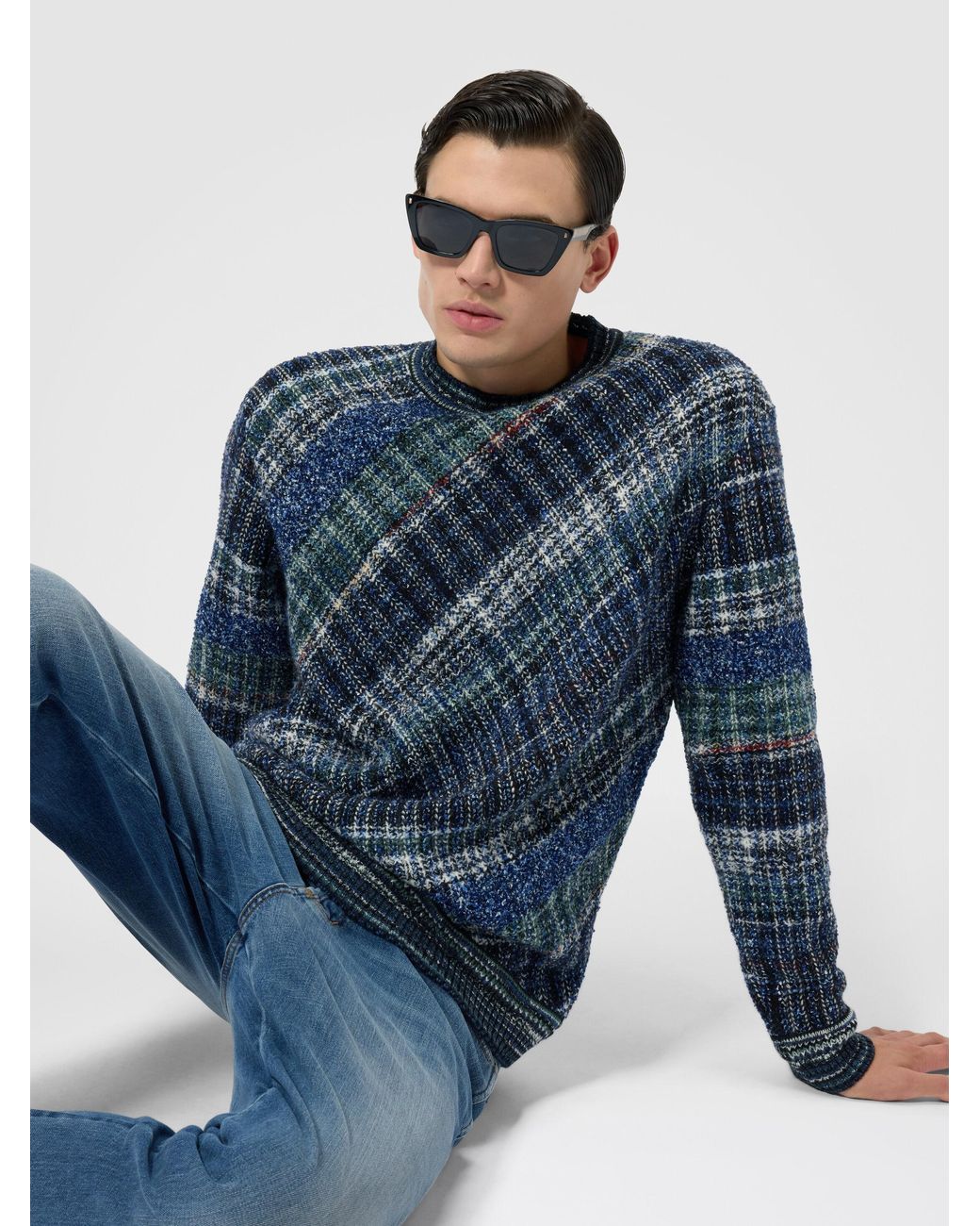 Missoni Blue Wool-Blend Pullover With Macro-Check Pattern for men