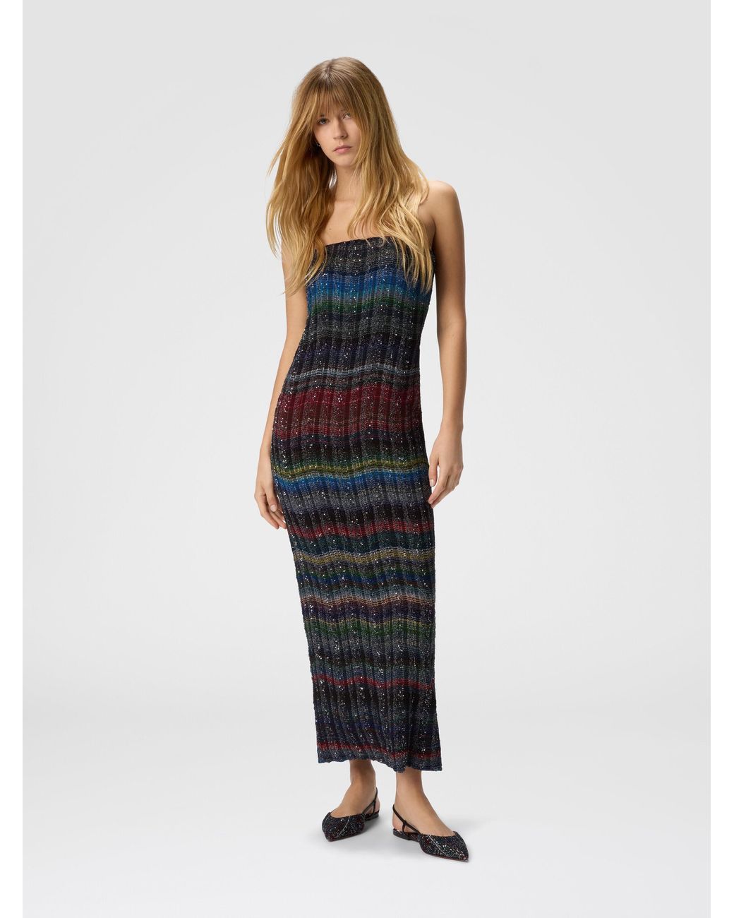 Missoni Blue Long Strapless Dress With Wave Check Pattern