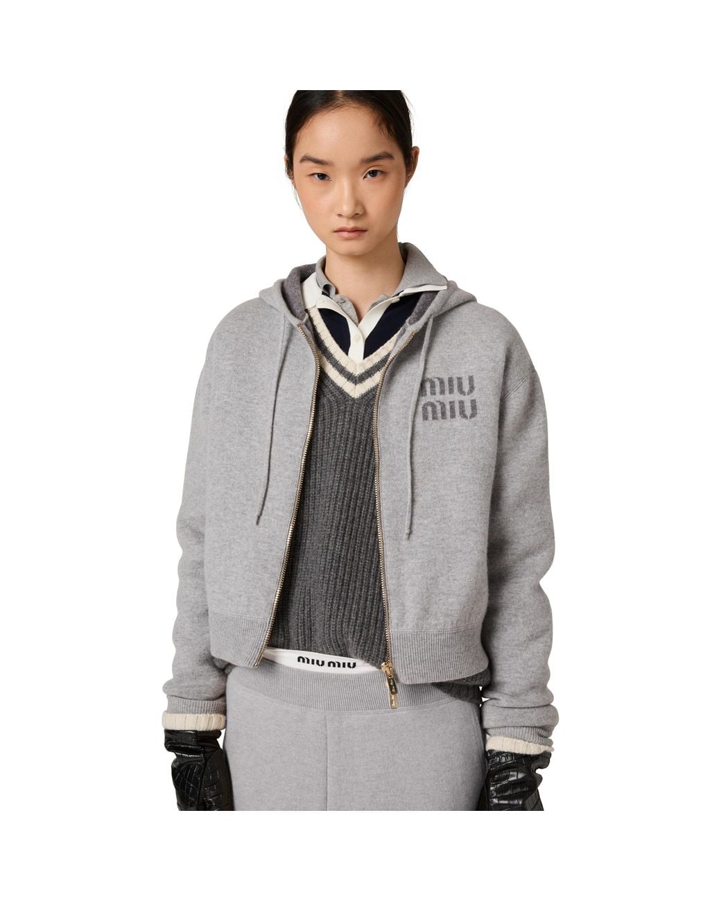Miu Miu Gray Double Cashmere Zipper Hooded Cardigan