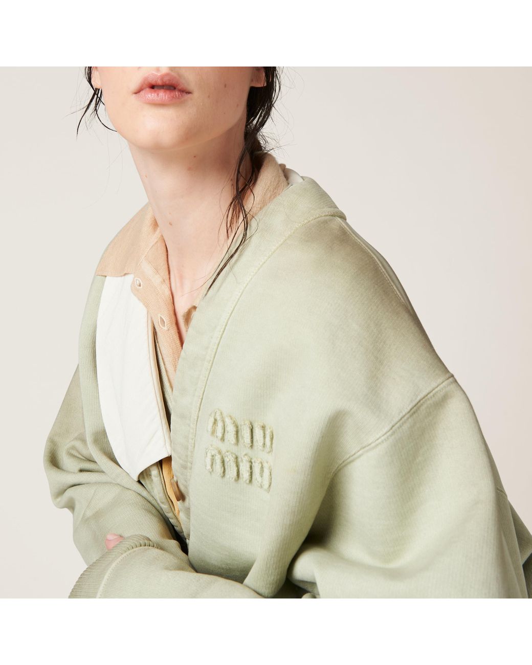 MIU MIU COTTON CARDIGAN ミュウミュウ Miu Miu Garment-Dyed Cotton Fleece Cardigan in Green | Lyst