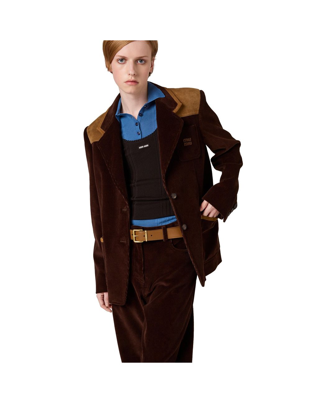 Miu Miu Brown Single-Breasted Corduroy And Leather Jacket