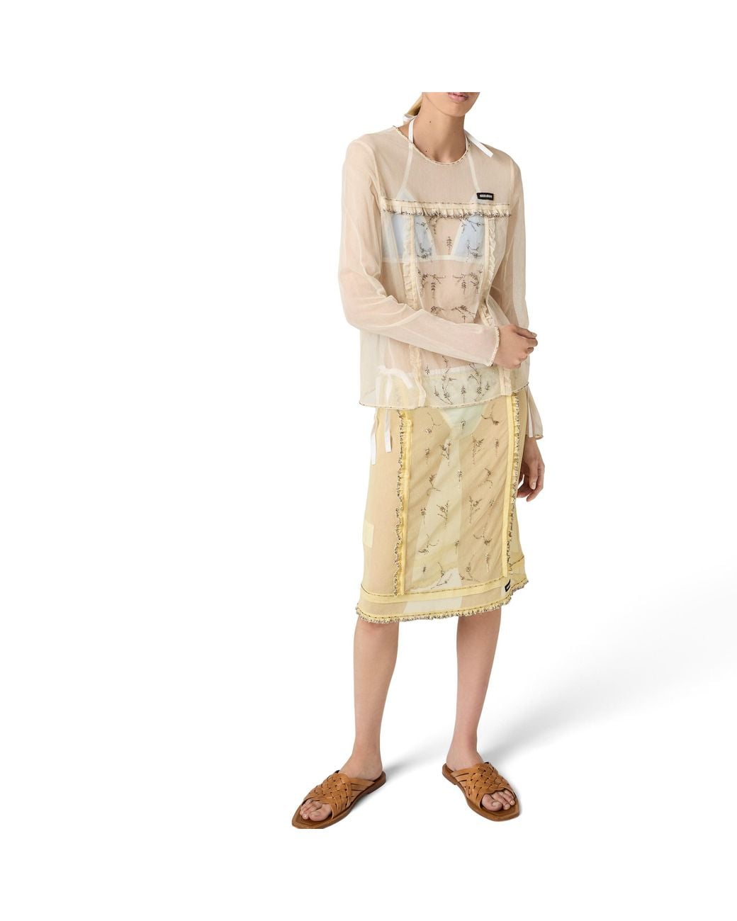 Miu Miu Natural Embroidered Tulle Top