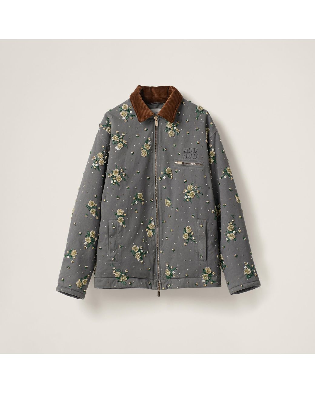 ジャケット MiuMiu | Embroidered garment-dyed gabardine blouson jacket Iron Gray Embroidered Garment-dyed Gabardine Blouson Jacket