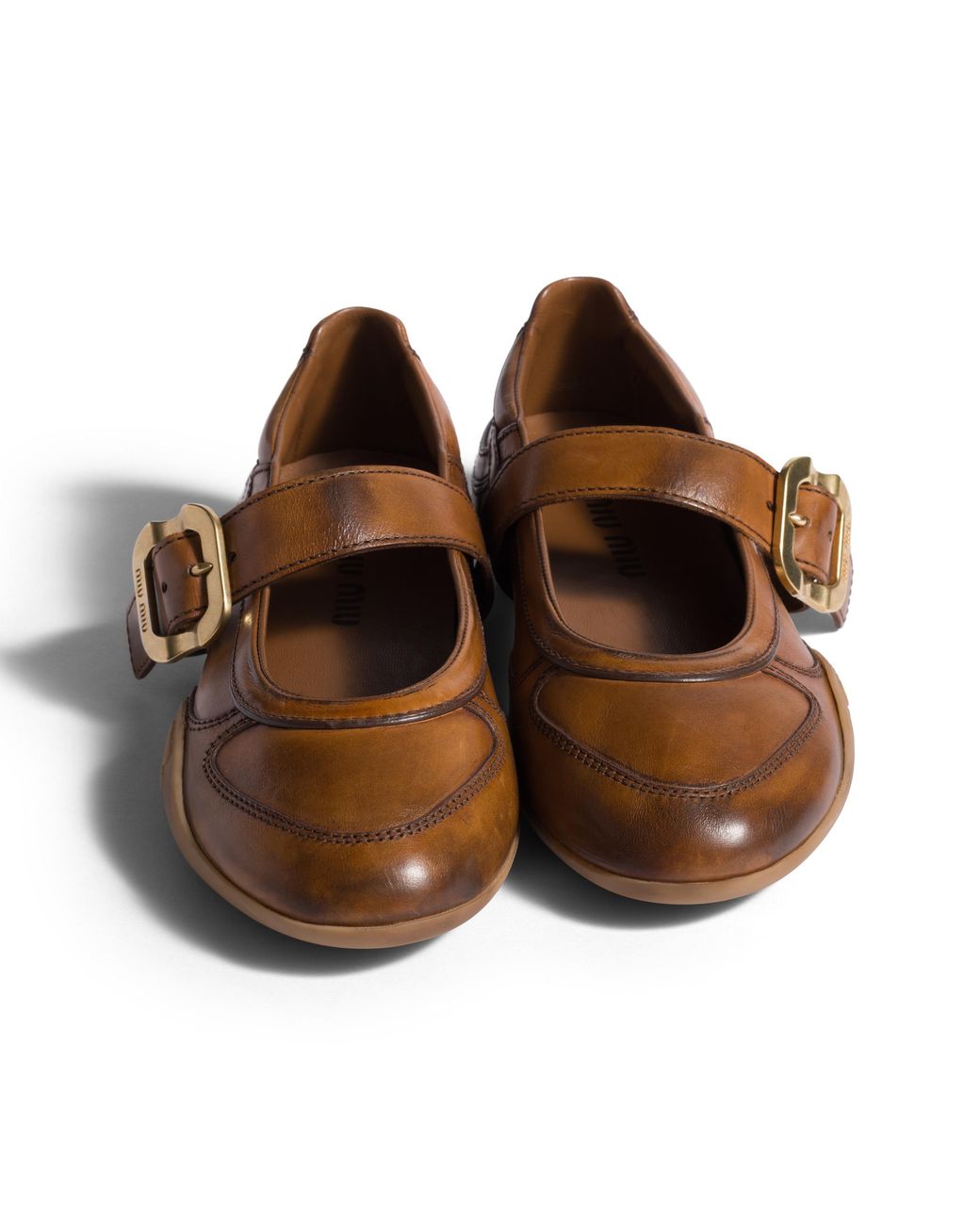 Miu Miu Brown Gymnasium Leather Ballerinas With Strap And Buckle
