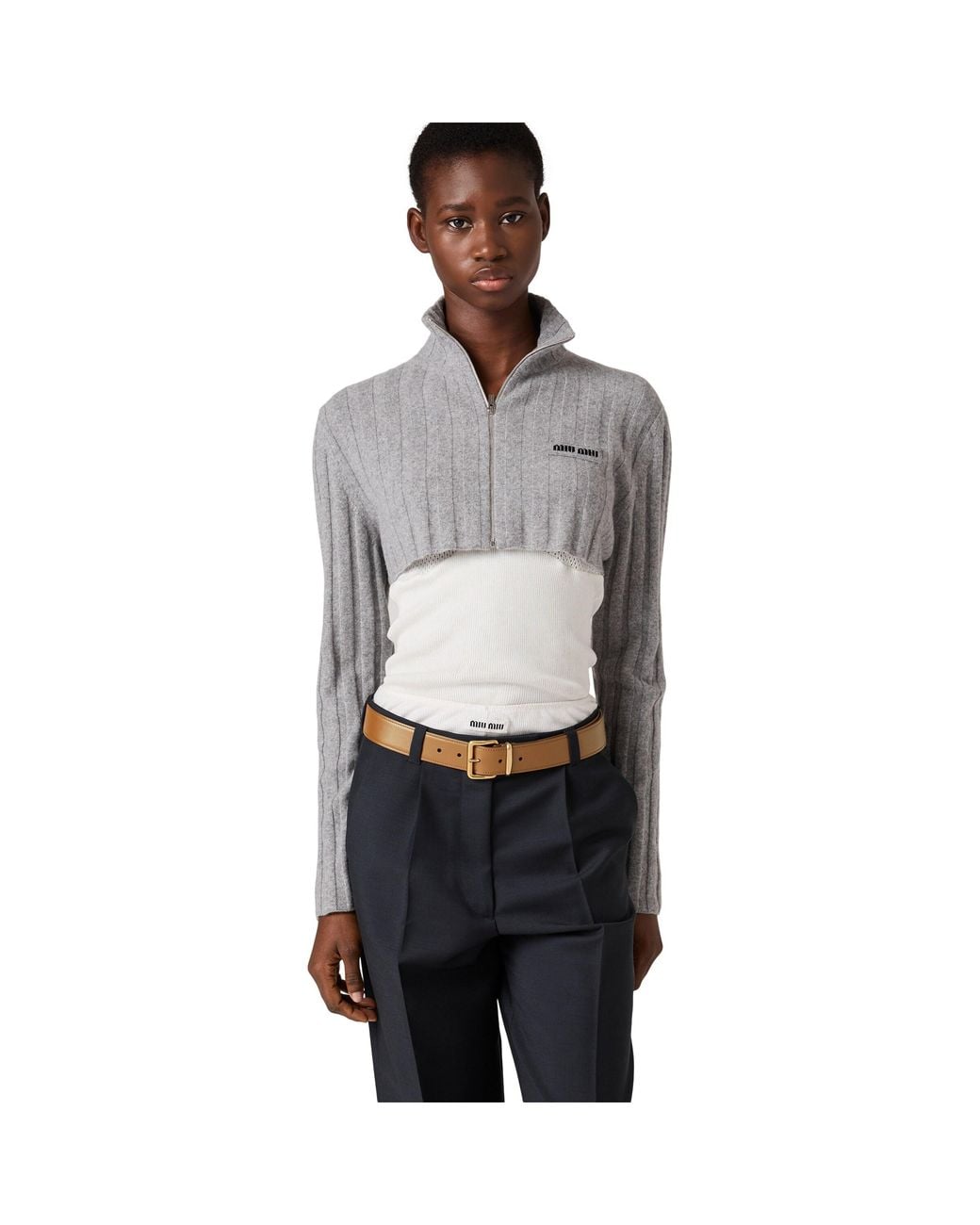 Miu Miu Gray Cropped Wool And Cashmere Cardigan