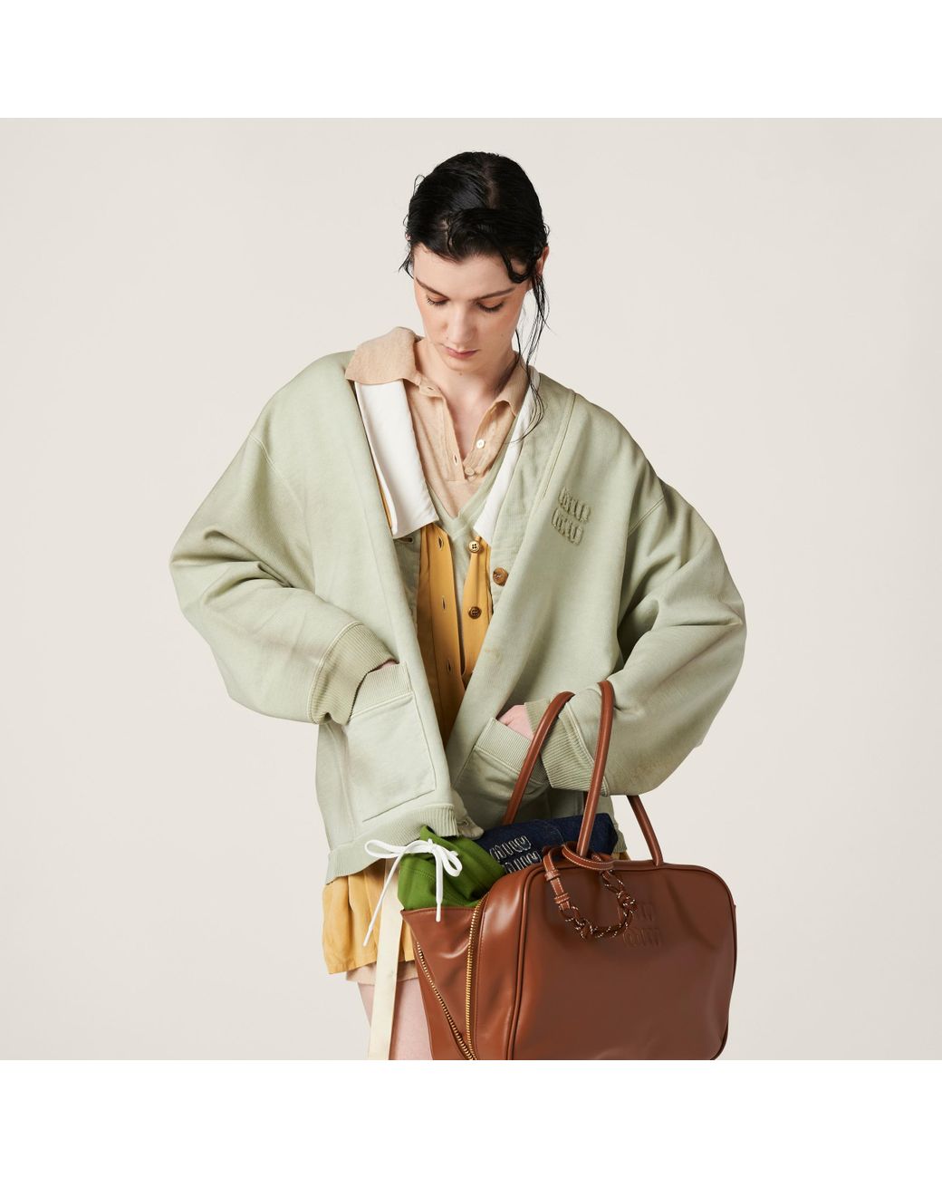 MIU MIU COTTON CARDIGAN ミュウミュウ Miu Miu Garment-Dyed Cotton Fleece Cardigan in Green | Lyst