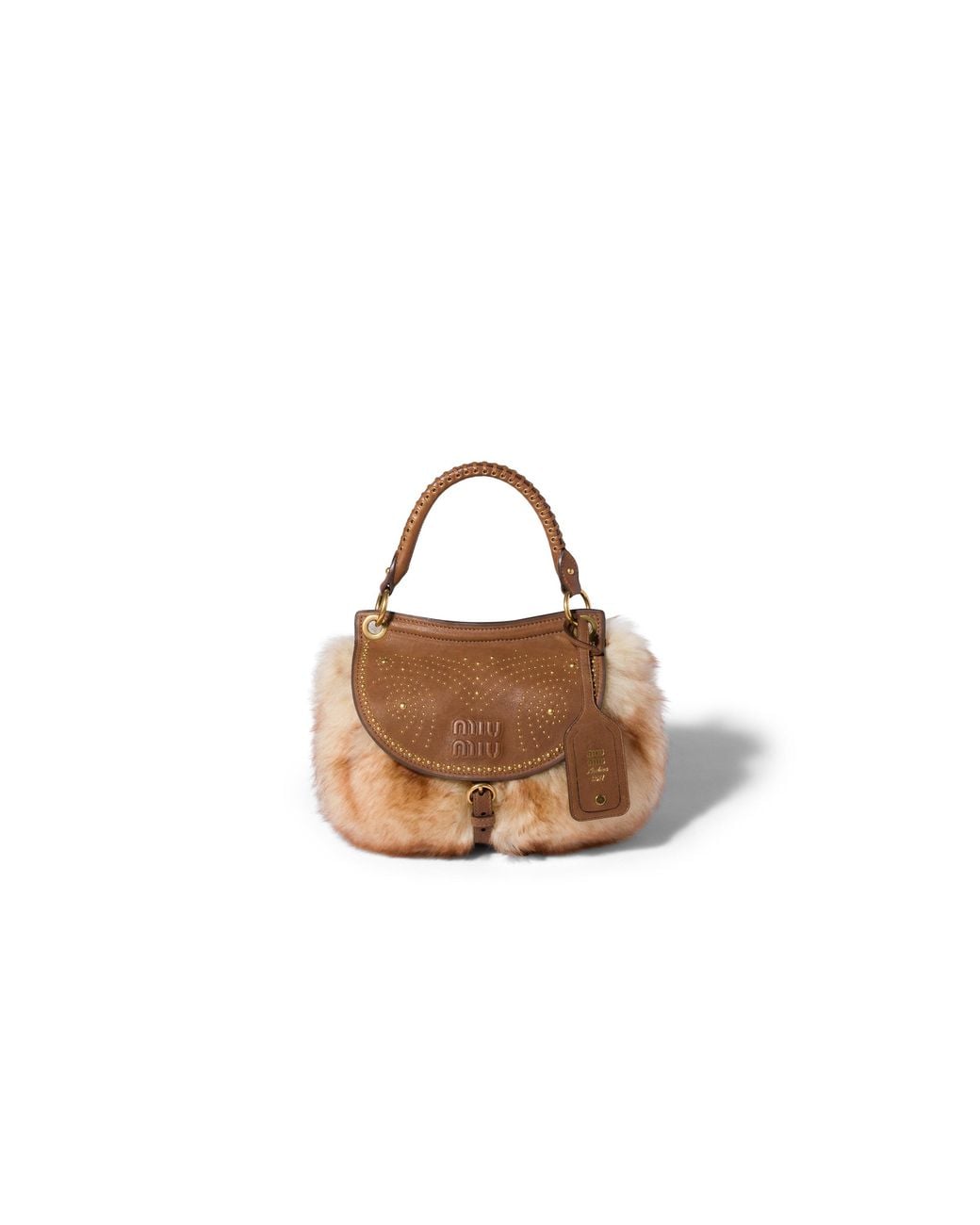 Miu Miu Brown Rendez-Vous Shearling And Nappa Leather Bag With Metal Studs
