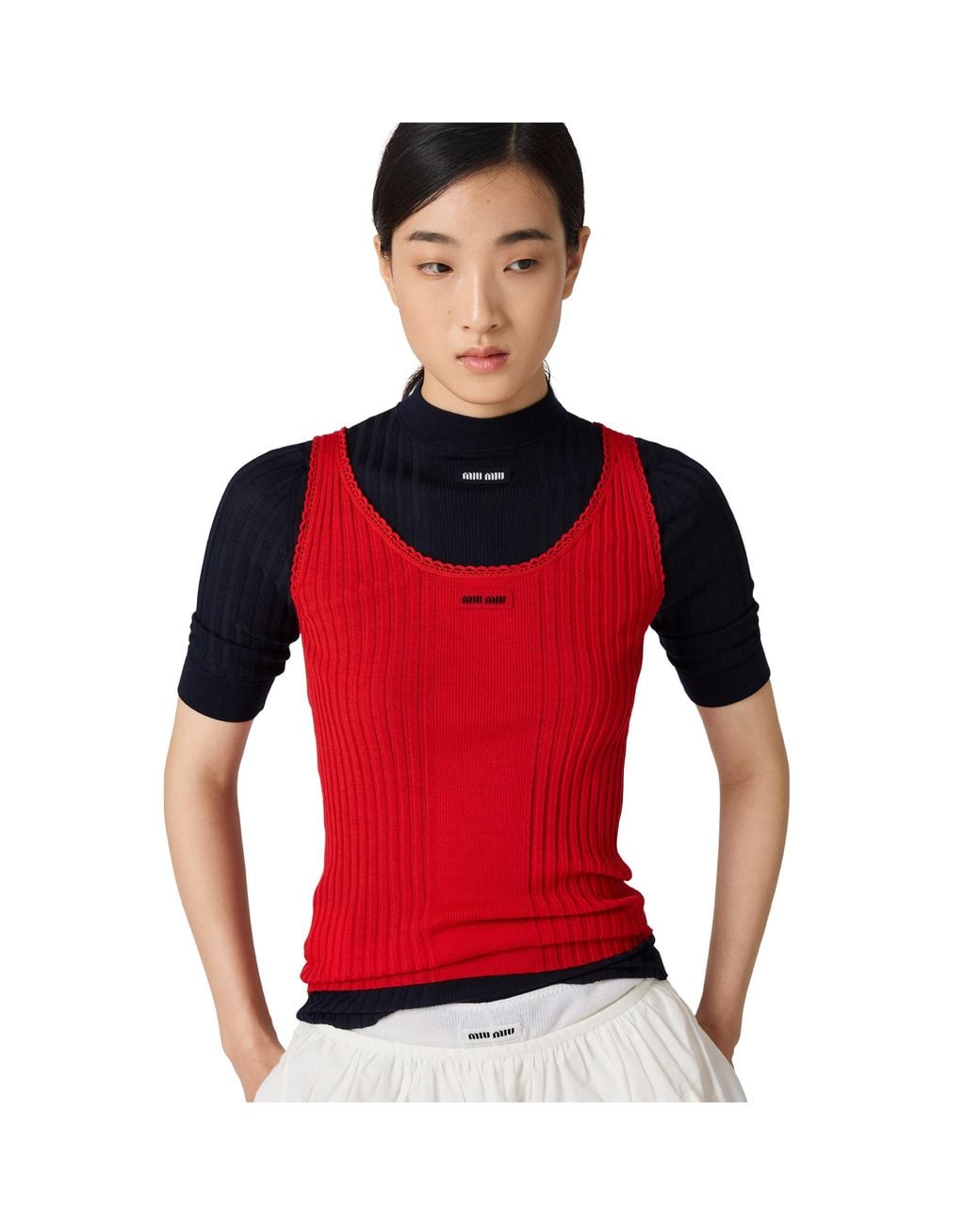 Miu Miu Red Ribbed Knit Wool Tank Top